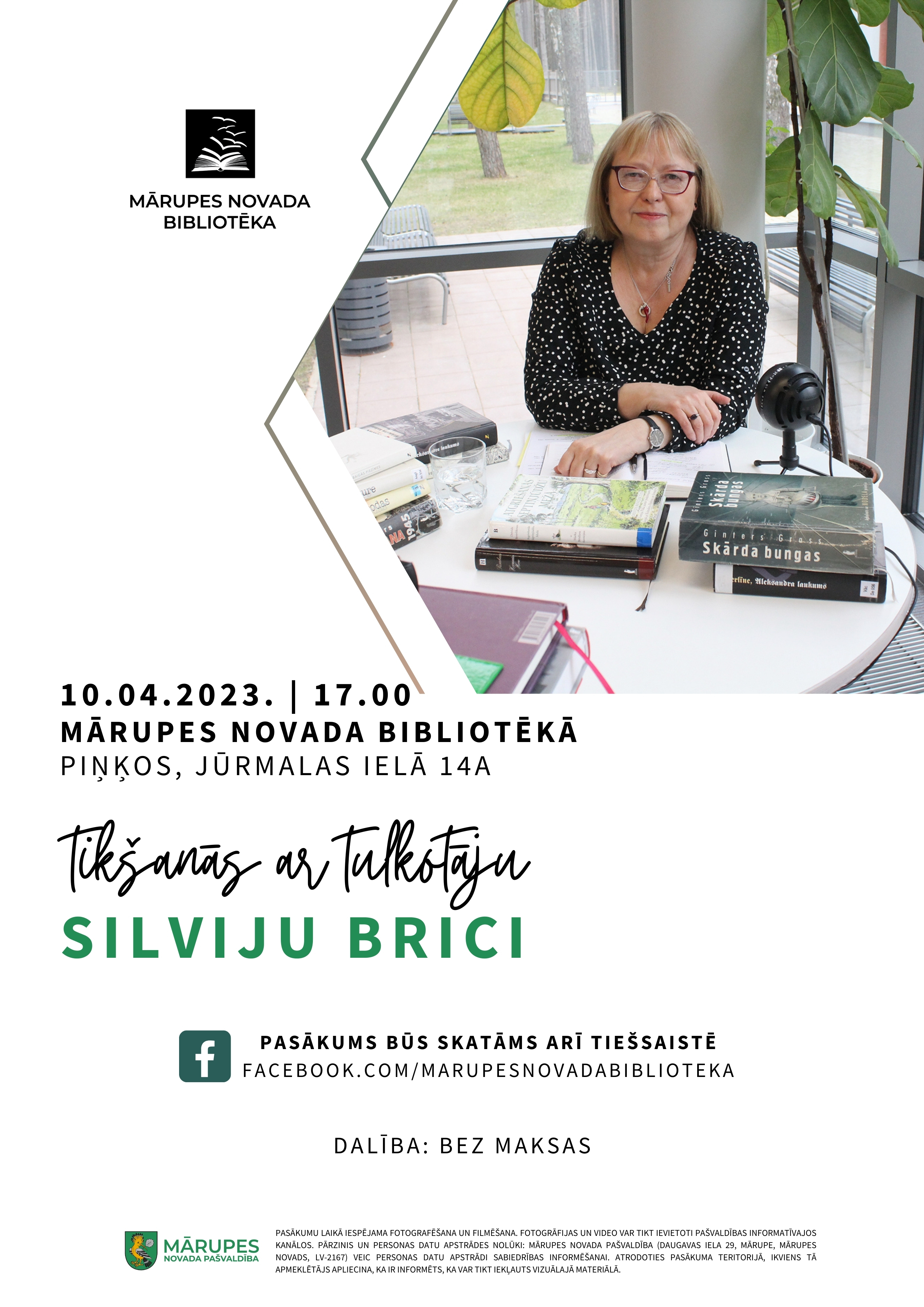 Tulkotāja Silvija Brice un teksts par pasākumu Mārupes novada bibliotēkā