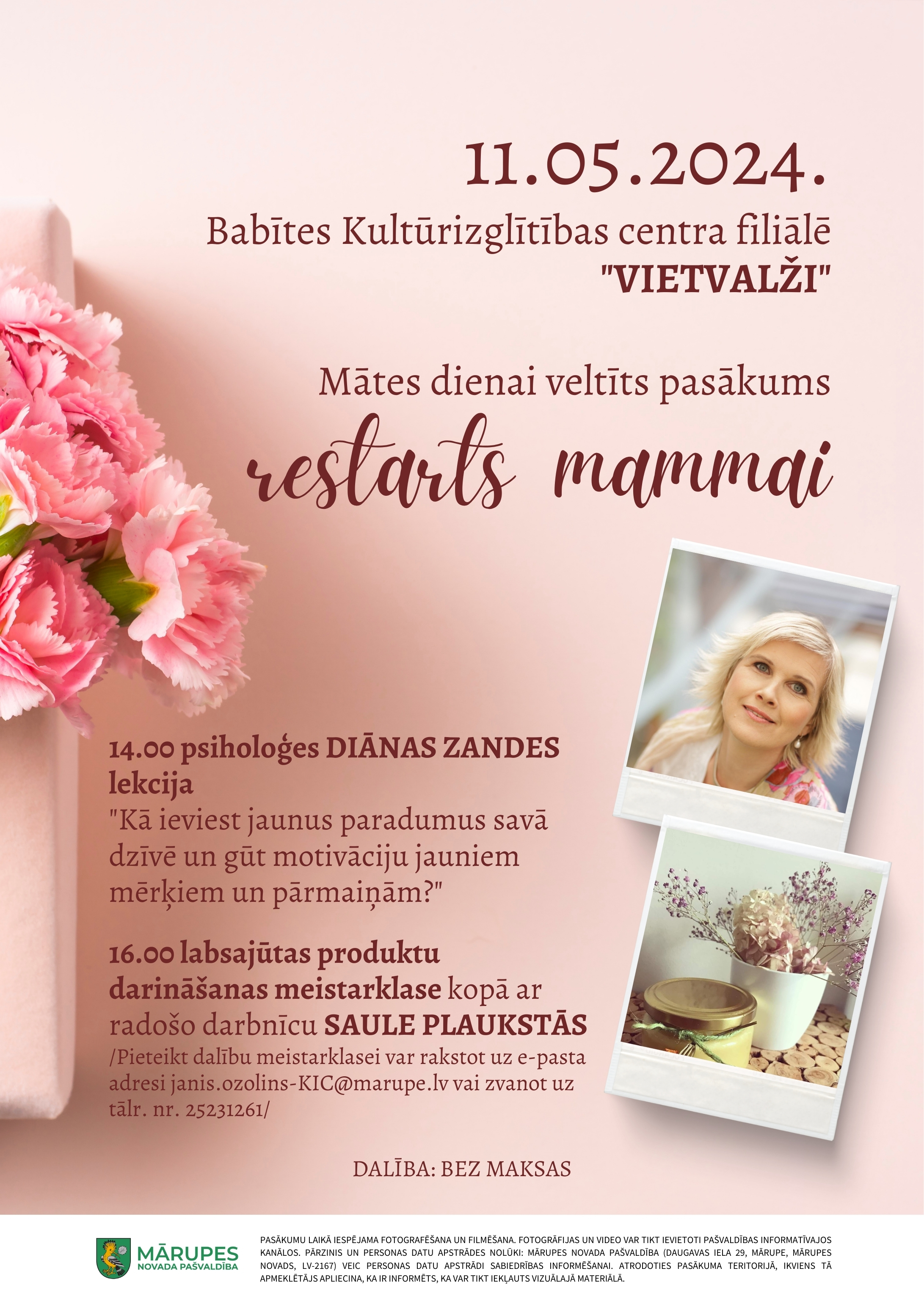 Rozā fons ar ziediem un virsū teksts par mātes dienas pasākumu