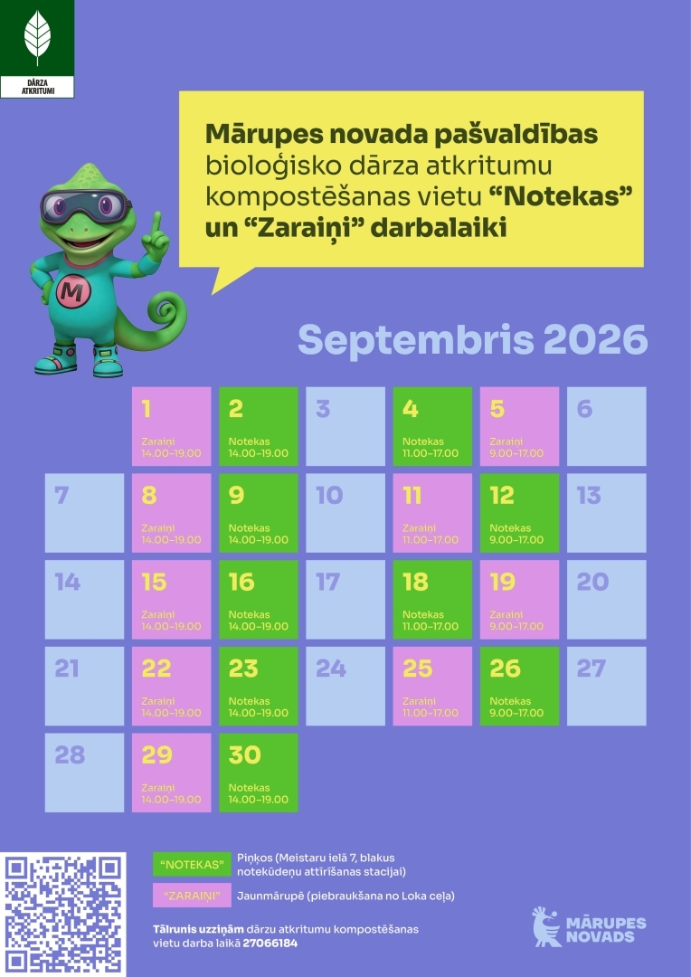 Bioloģisko dārza atkritumu kompostēšanas vietu darbalaiks septembrī
