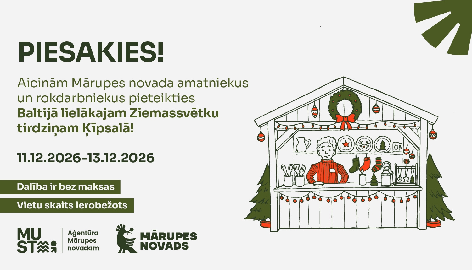 Aicinām amatniekus un mājražotājus pieteikties dalībai Ziemassvētku tirdziņā Ķīpsalā
