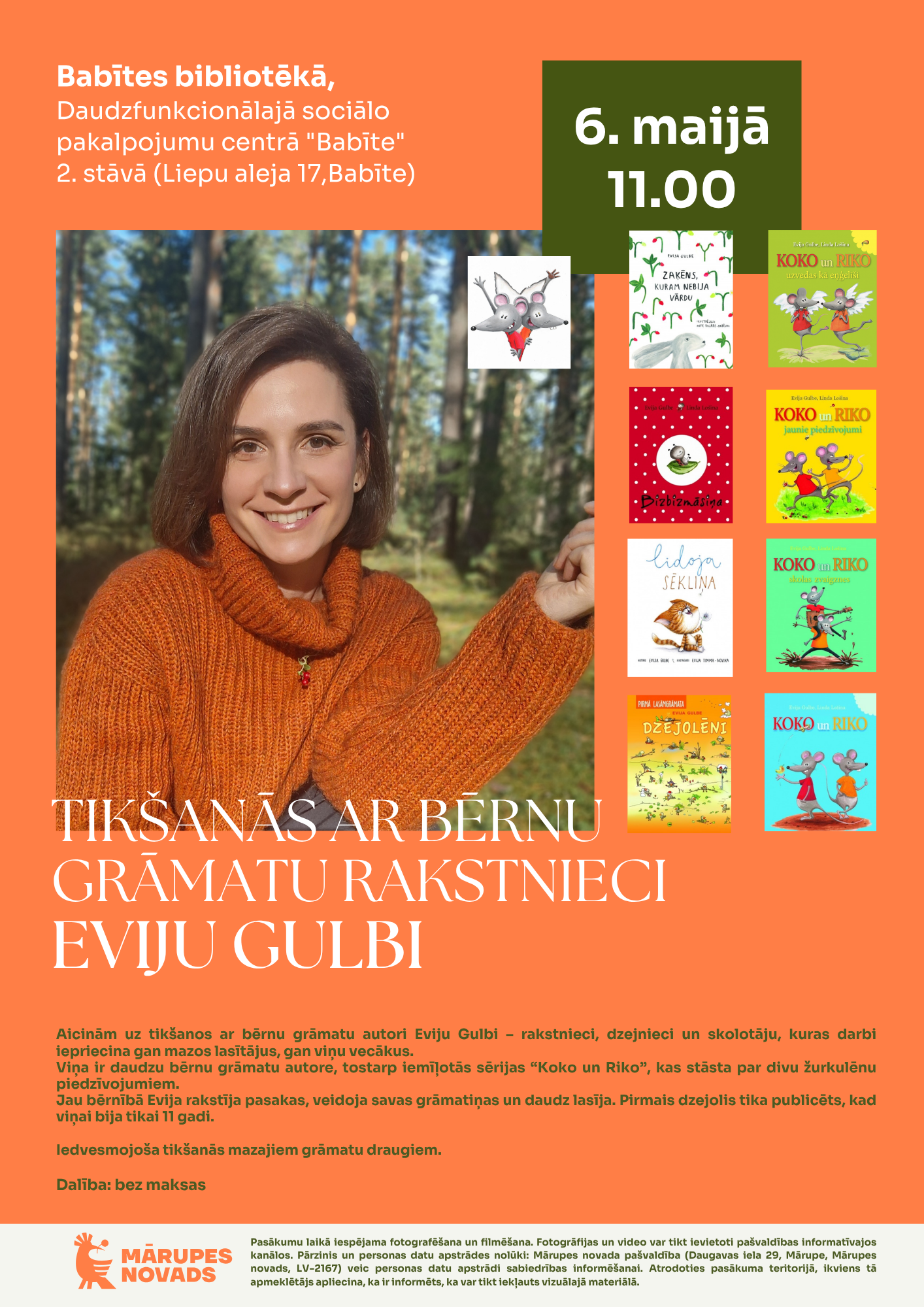 oranžs plakāts ar jaunas rakstnieces portretu un viņas izdoto grāmatu foto