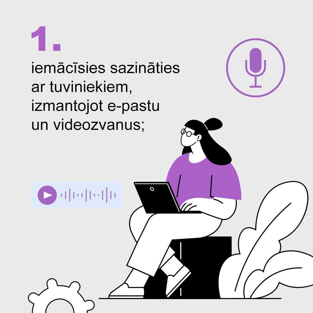 Gaišs vizuālis ar violetiem, melniem un baltiem elementiem