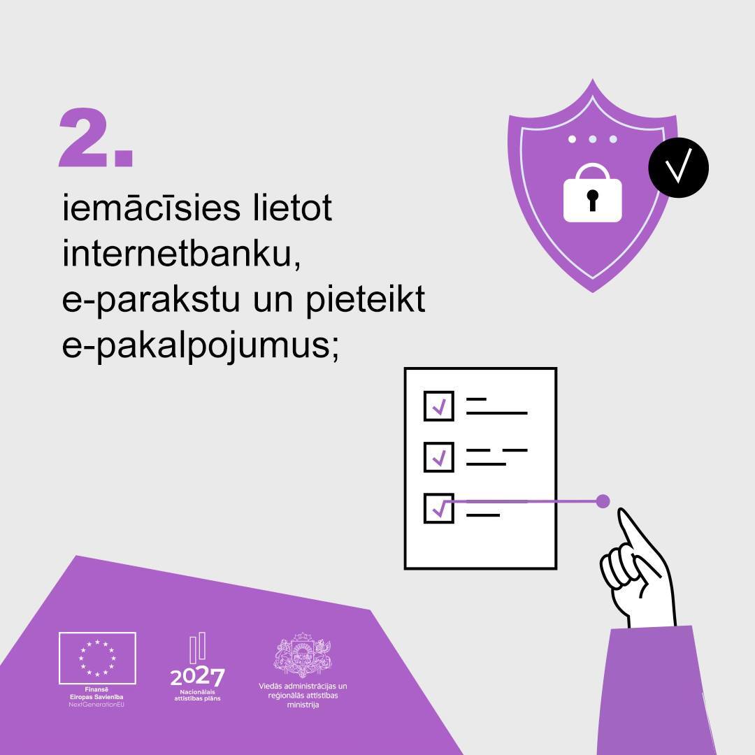 Gaišs vizuālis ar violetiem, melniem un baltiem elementiem