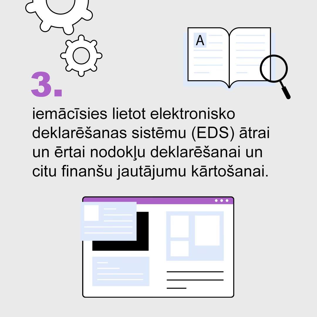Gaišs vizuālis ar violetiem, melniem un baltiem elementiem