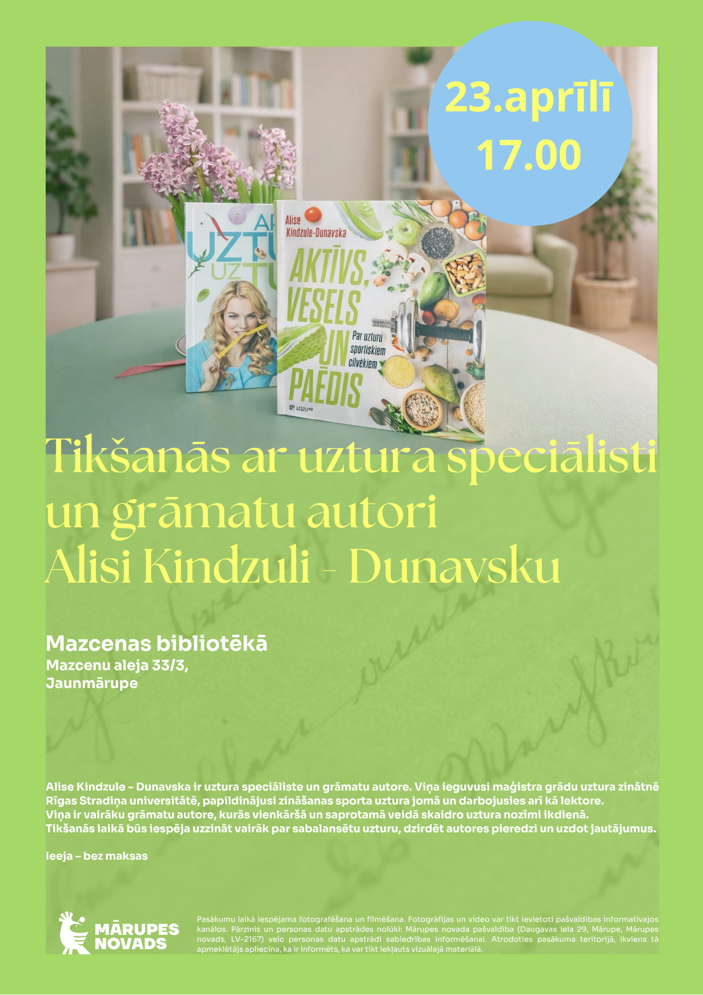 uz zaļa fona bilde ar grāmatām un info par tikšanos ar rakstnieci