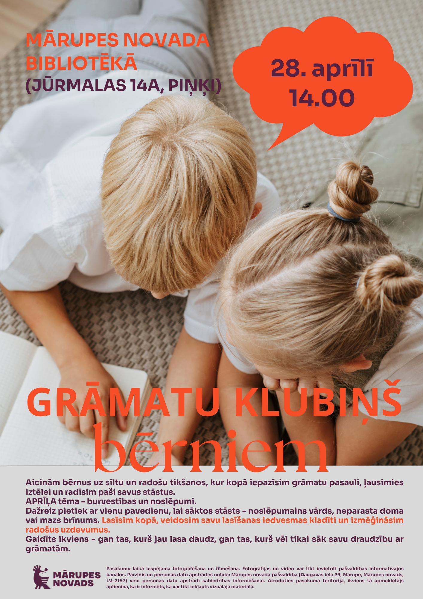 plakāts uz kura redzami divi bērni, kuri lasa grāmatu