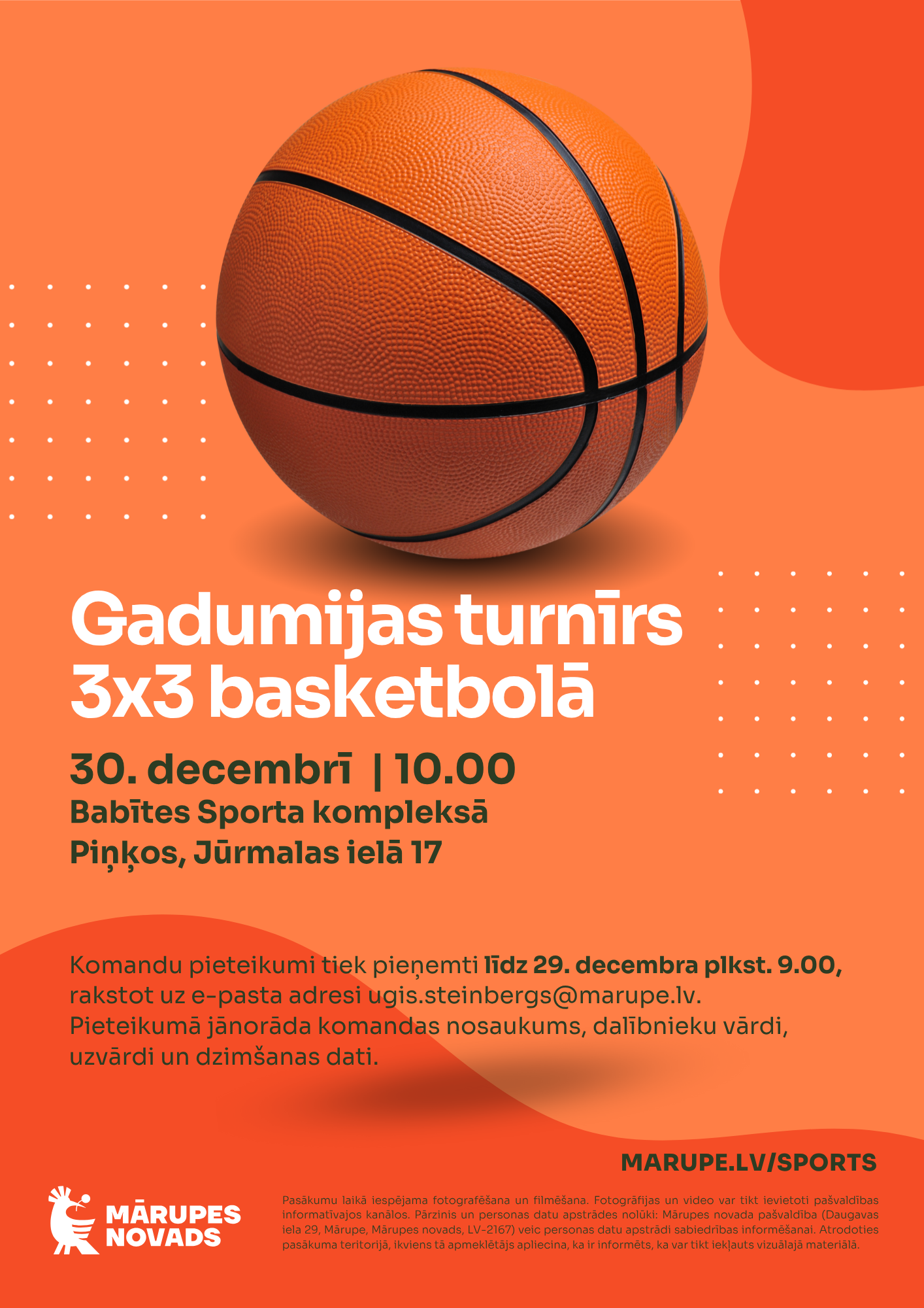 Oranža afiša ar krāsainiem tekstiem un elementiem