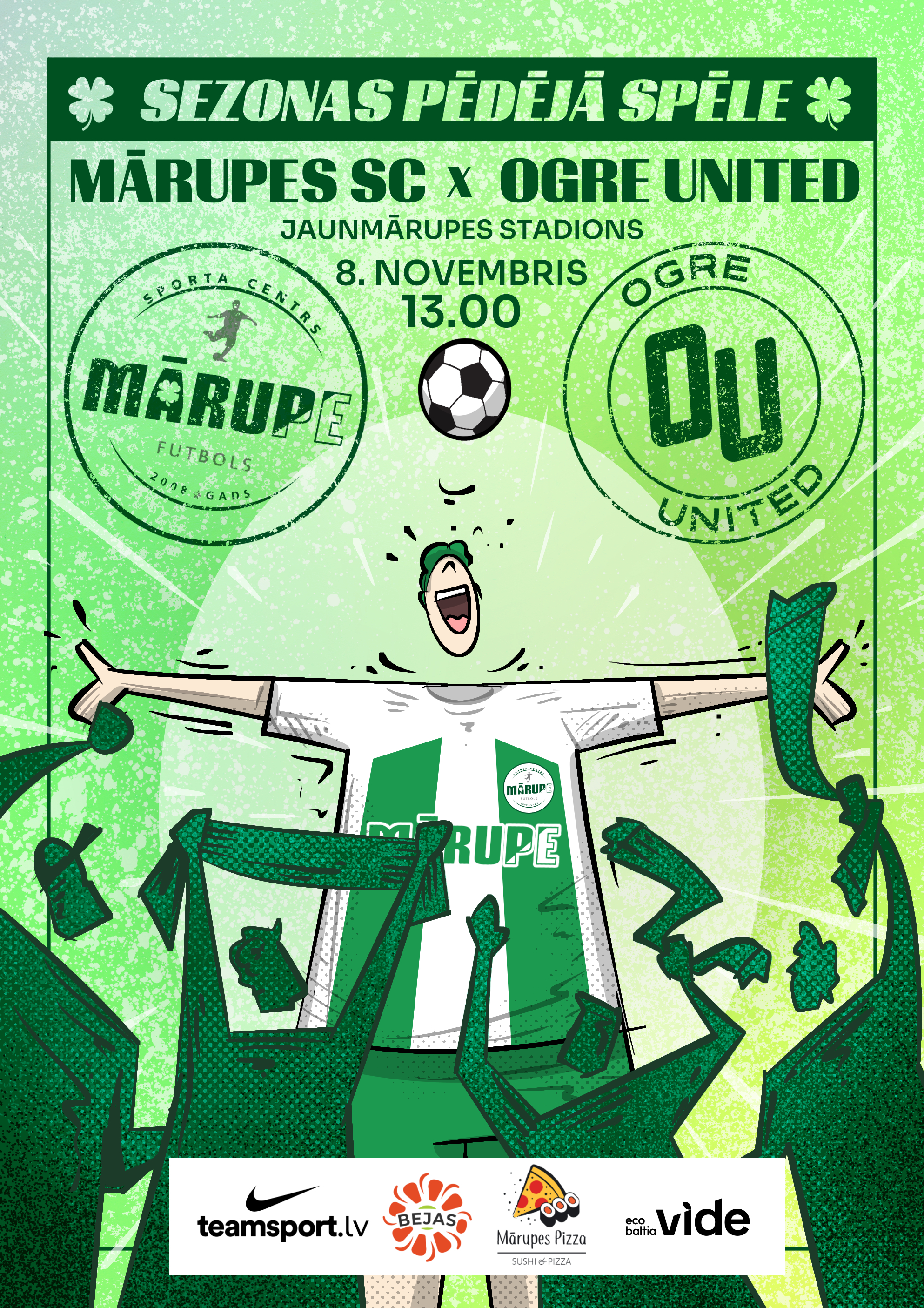 Zaļš plakāts ar dažādu krāsu elementiem un burtiem