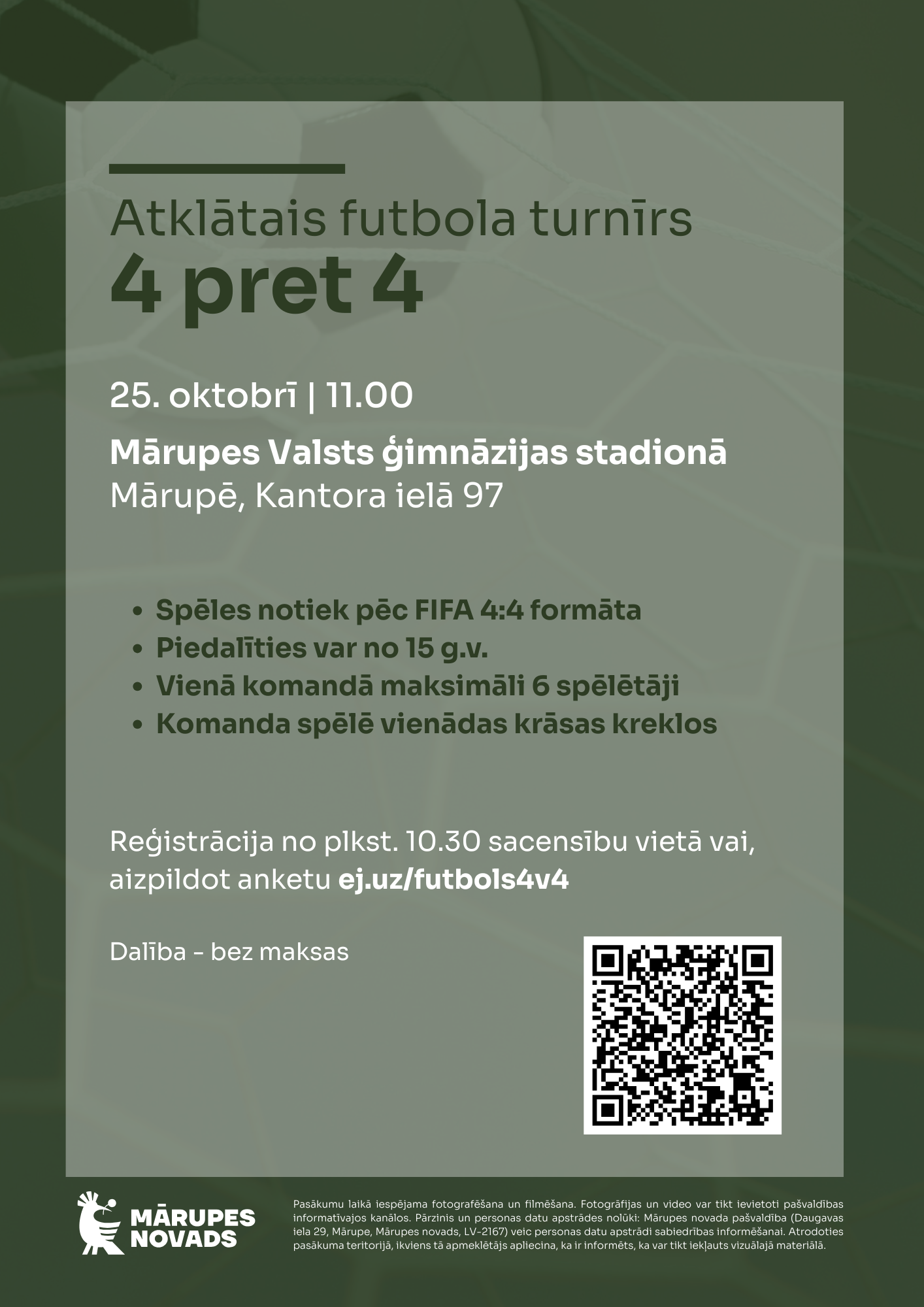 Zaļa afiša ar baltiem burtiem un elementiem