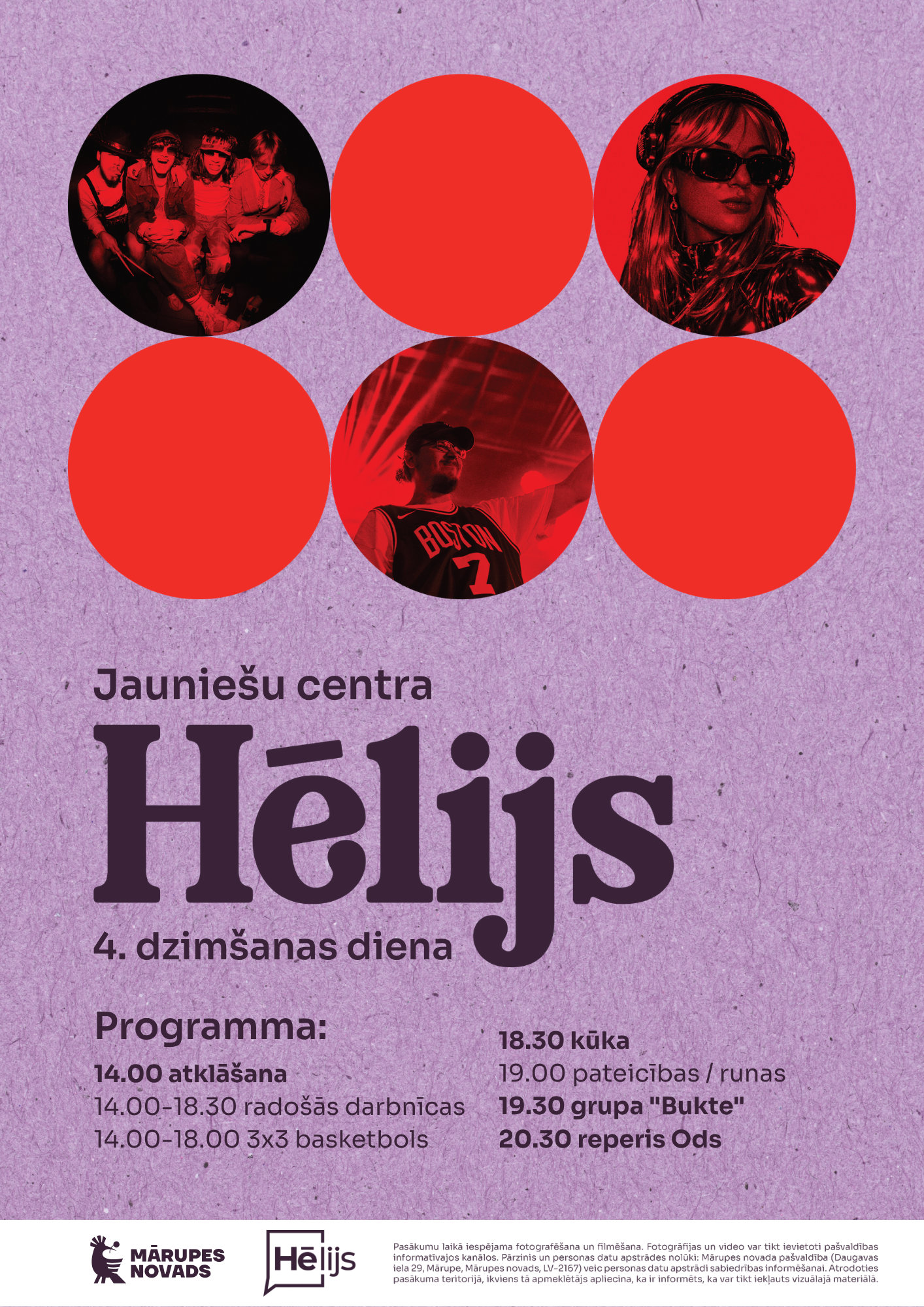 pasākuma plakāts lillā krāsas toņos un informācija par pasākumu