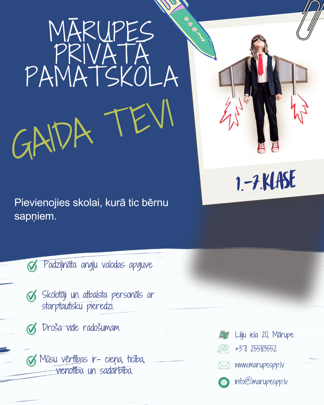 Zila afiša ar tekstiem un bildi