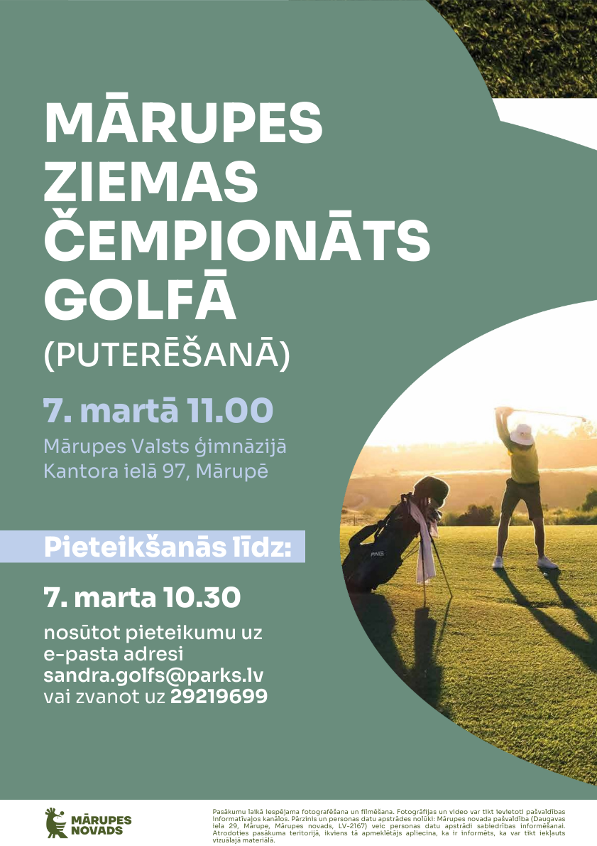 Zaļa afiša ar baltiem burtiem un elementiem