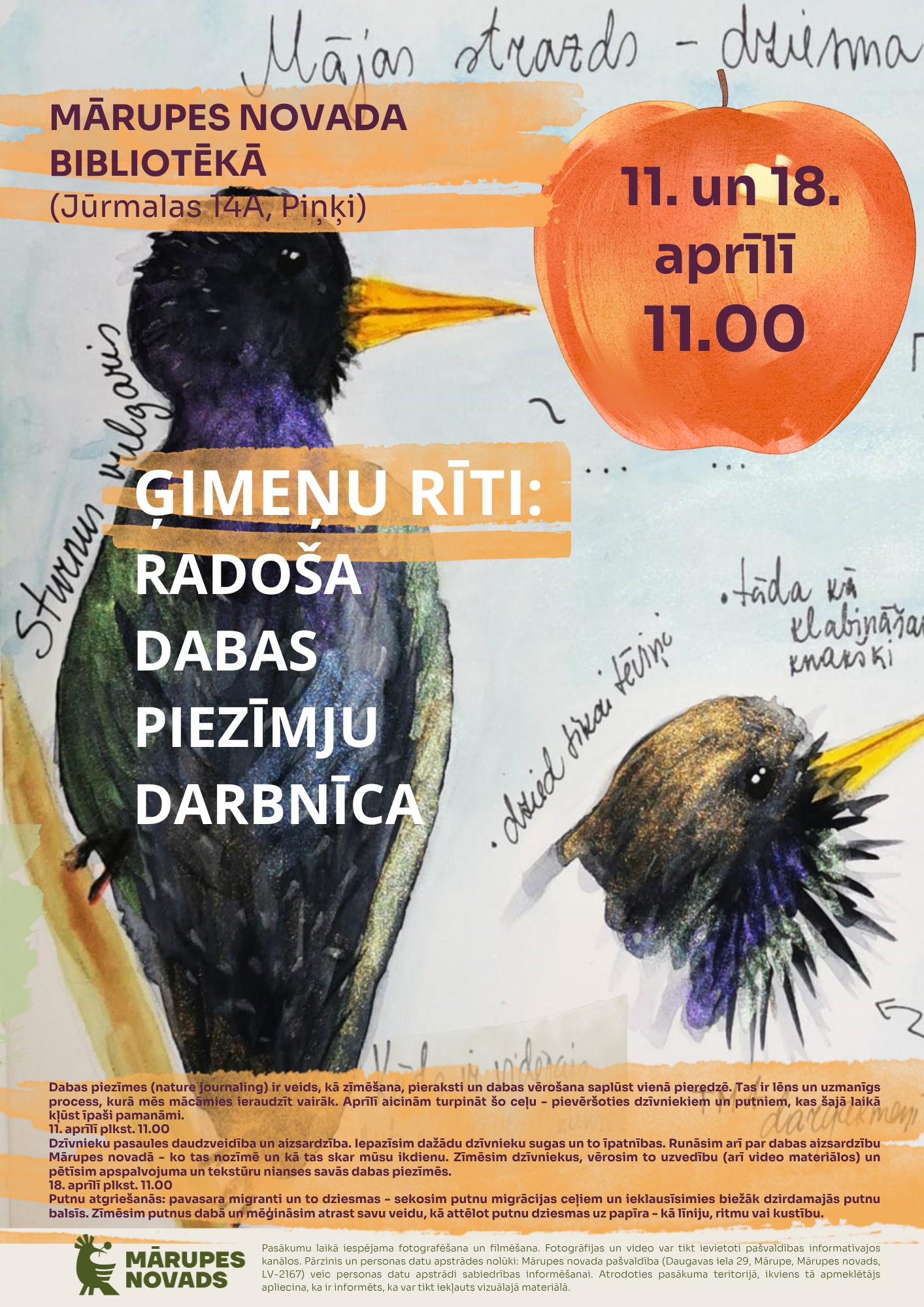 uz gaiša fona, akvareļu tehnikā zīmēti un pludināti putni un tekstuāls info par dabas piezīmēm