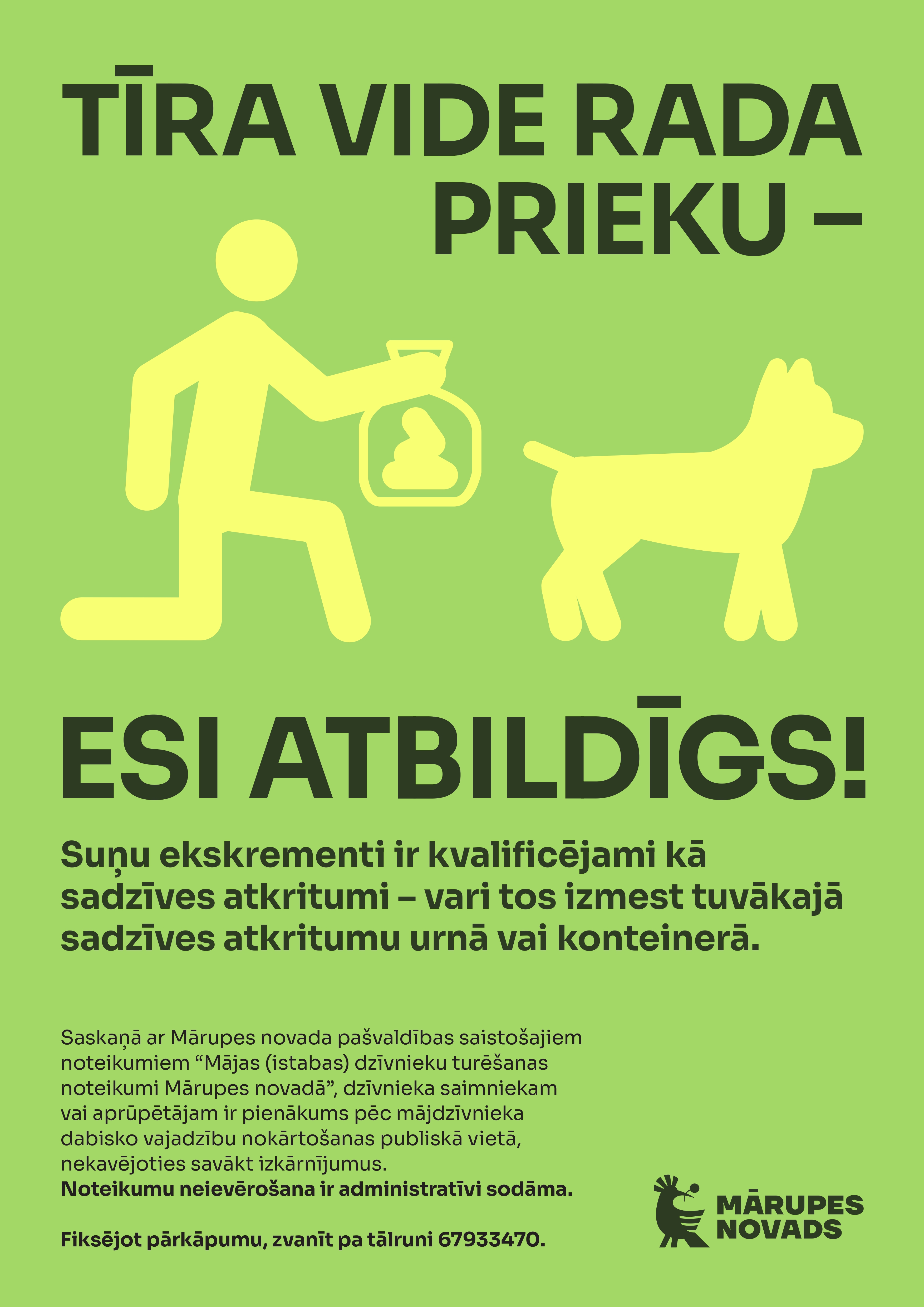 koši zaļš fons ar dzeltenu grafiku un tumši zaļu tekstu