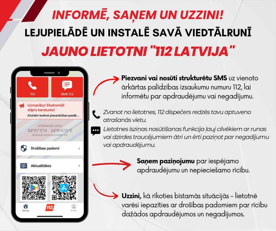 Informatīvs plakāts par jaunu lietotni saziņai ārkārtas situācijās
