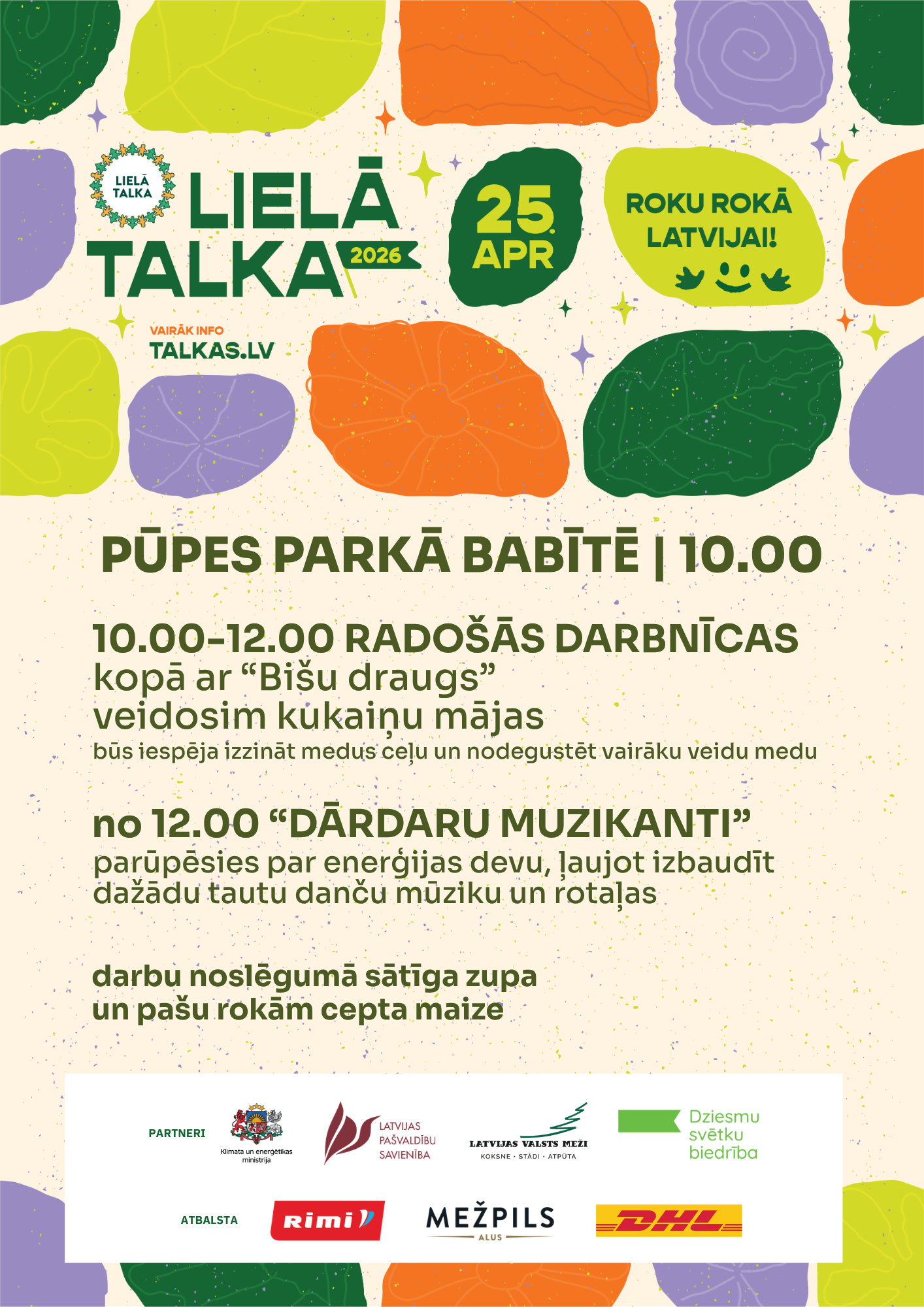 krāsaina afiša ar grafikas elementiem un tekstu