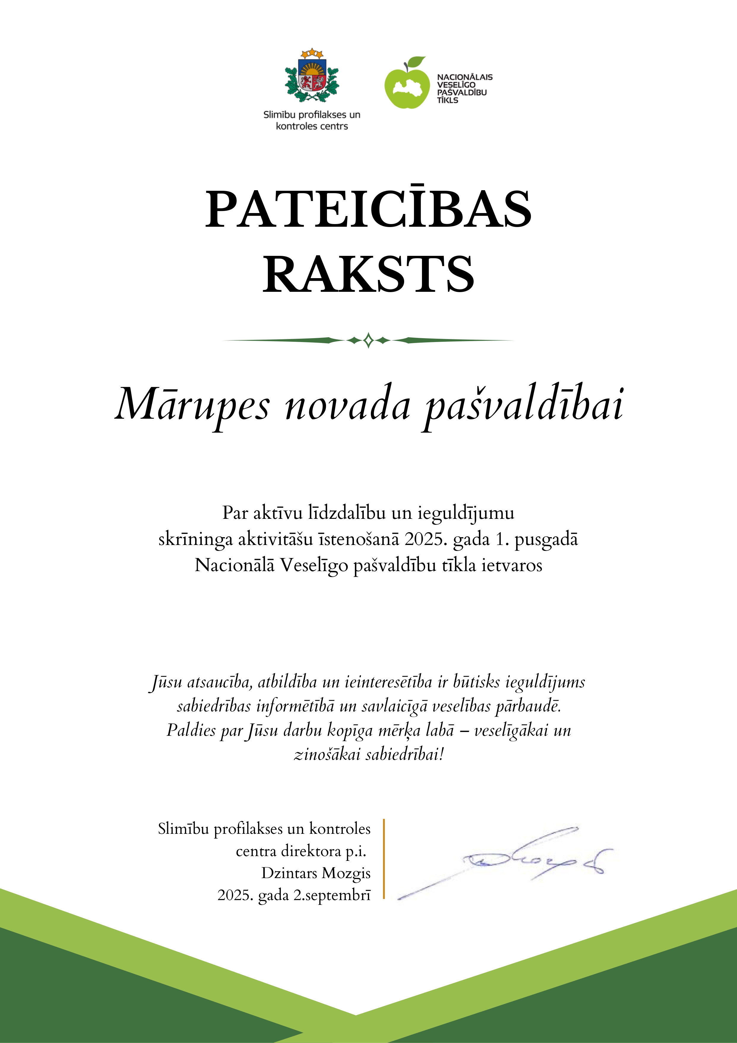 Balts fons ar tekstu un zaļu grafiku ar pateicību