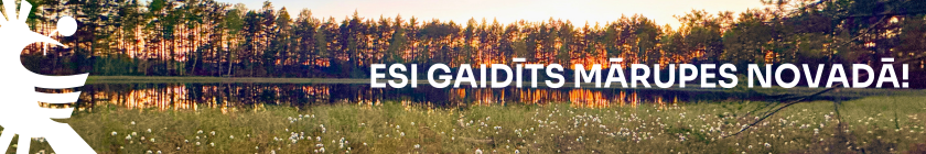 Purva skata fotogrāfija ar baltu teksta grafiku virsū