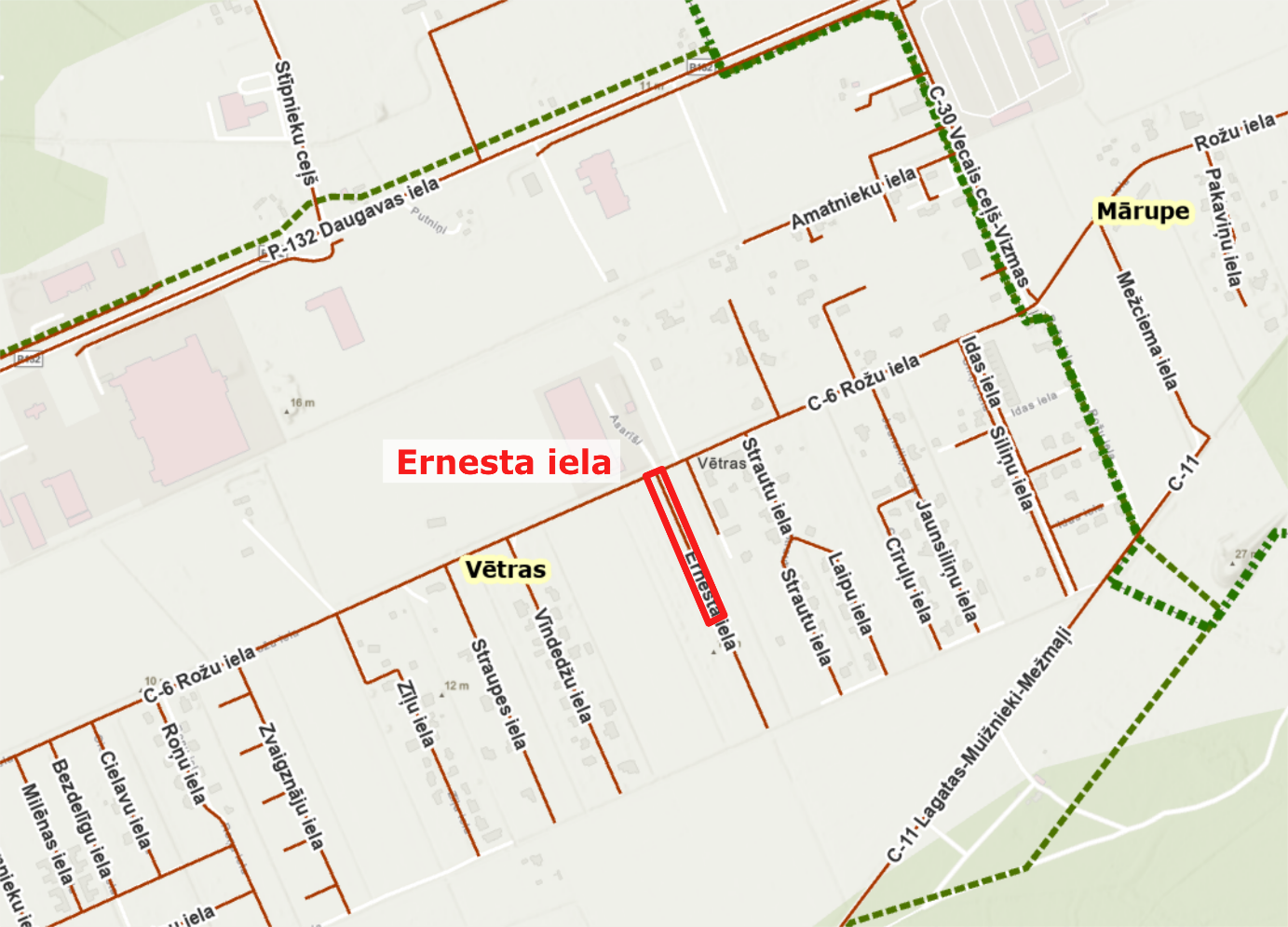 gaiši zaļš ceļu un ielu kartes fragments