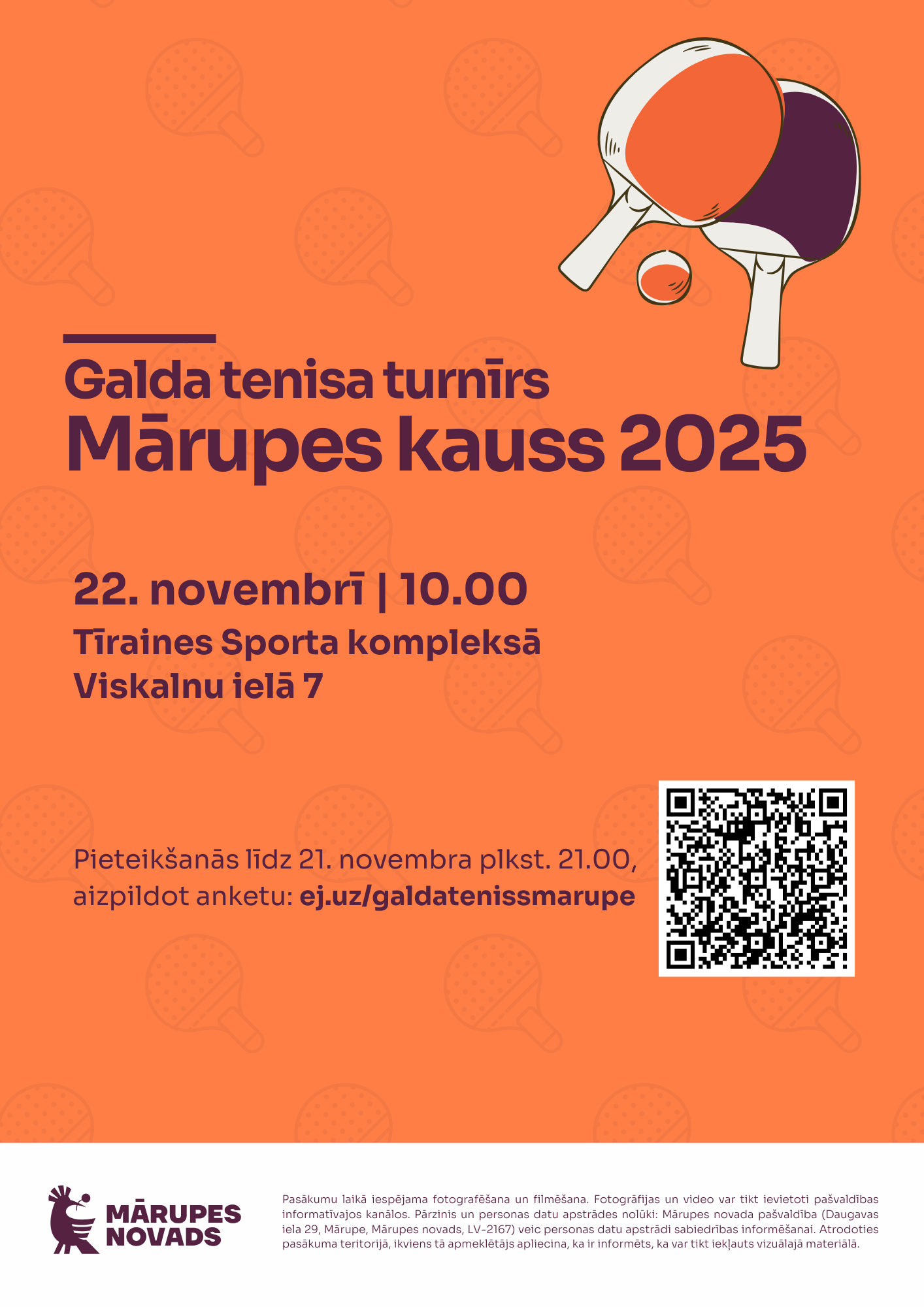 Oranža afiša ar krāsainiem tekstiem un elementiem