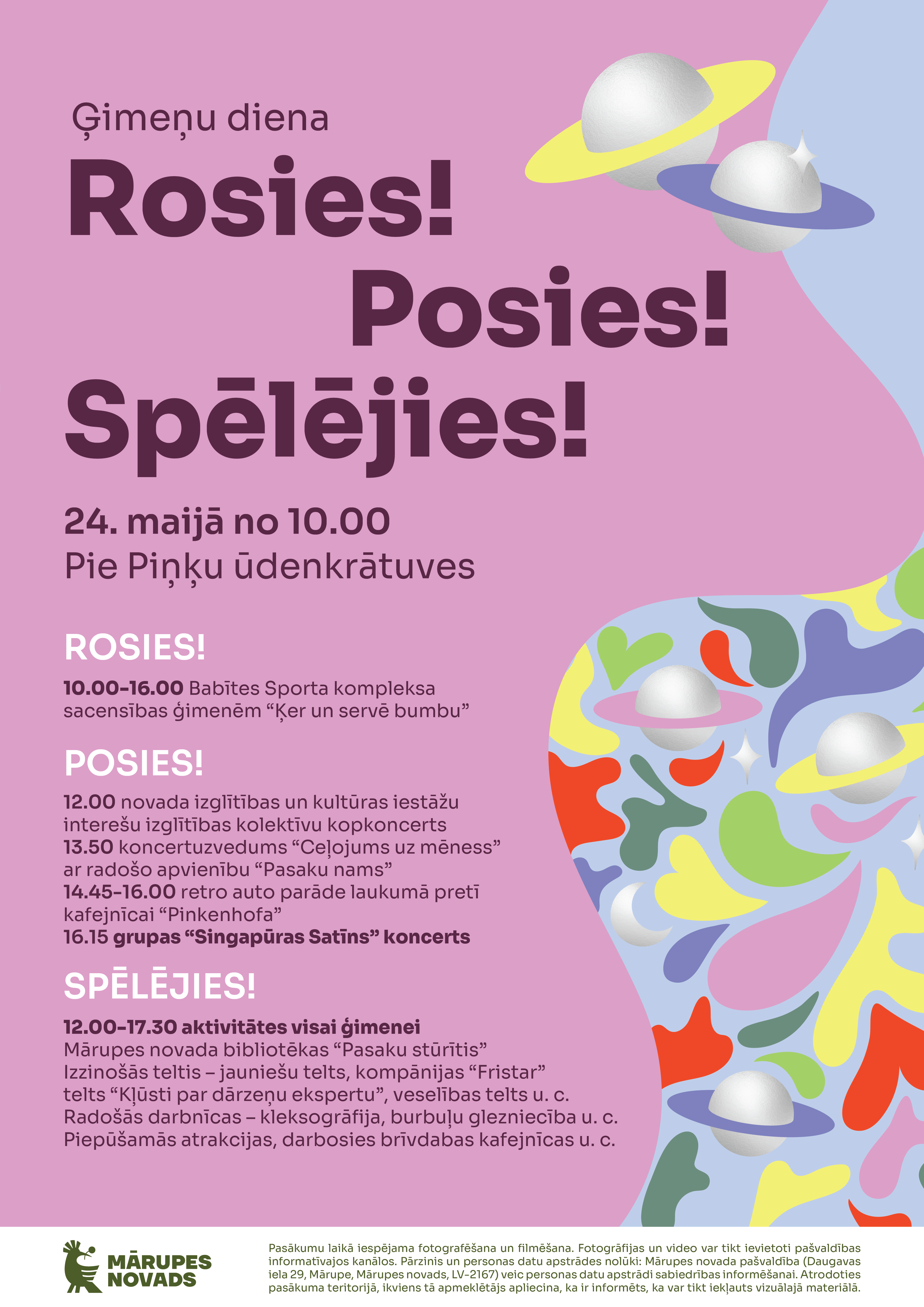 Rozā fons un krāsaina grafika ar tekstu par pasākumu