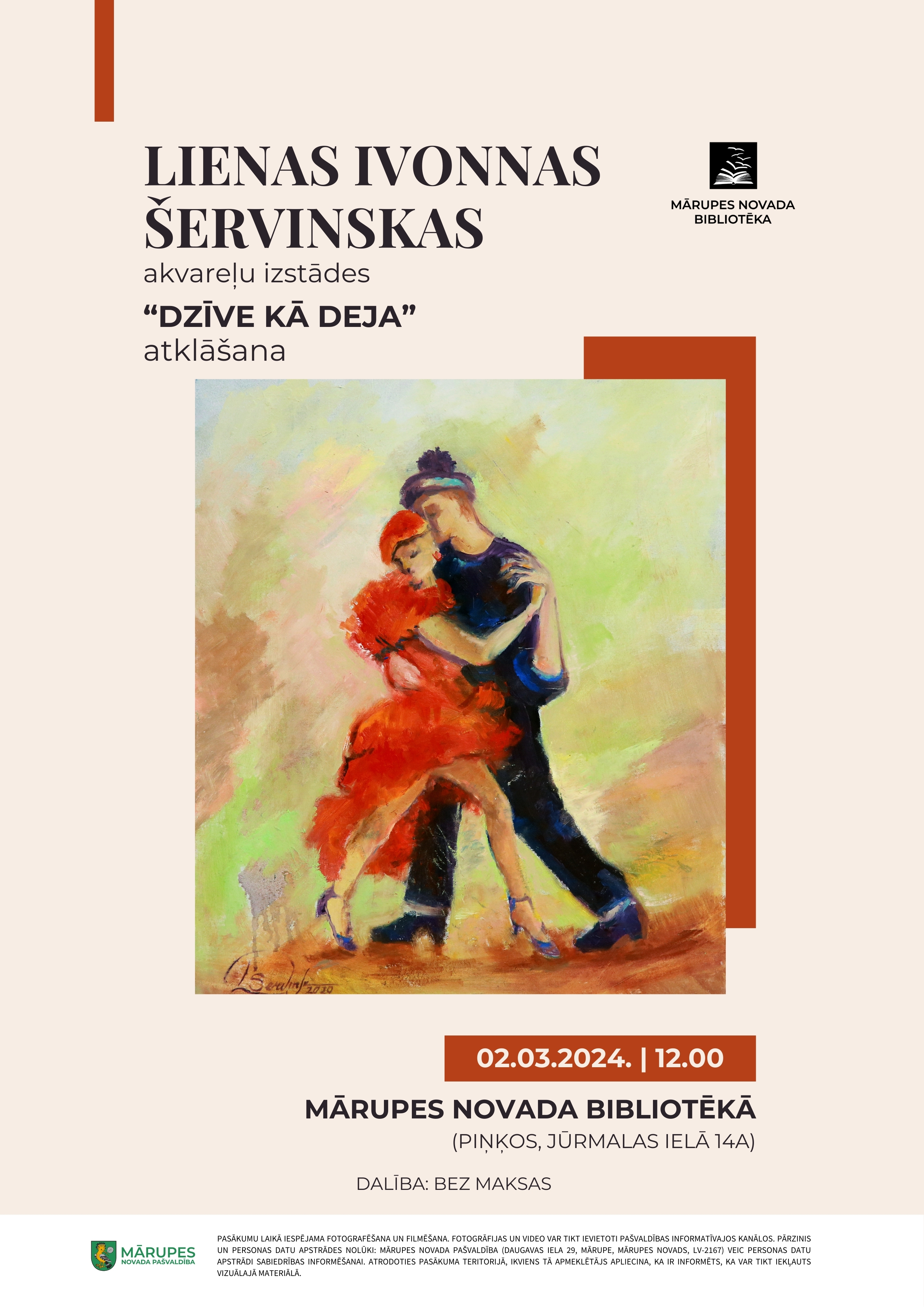 Informatīvs plakāts par mākslinieces izstādi Mārupes novada bibliotēkā