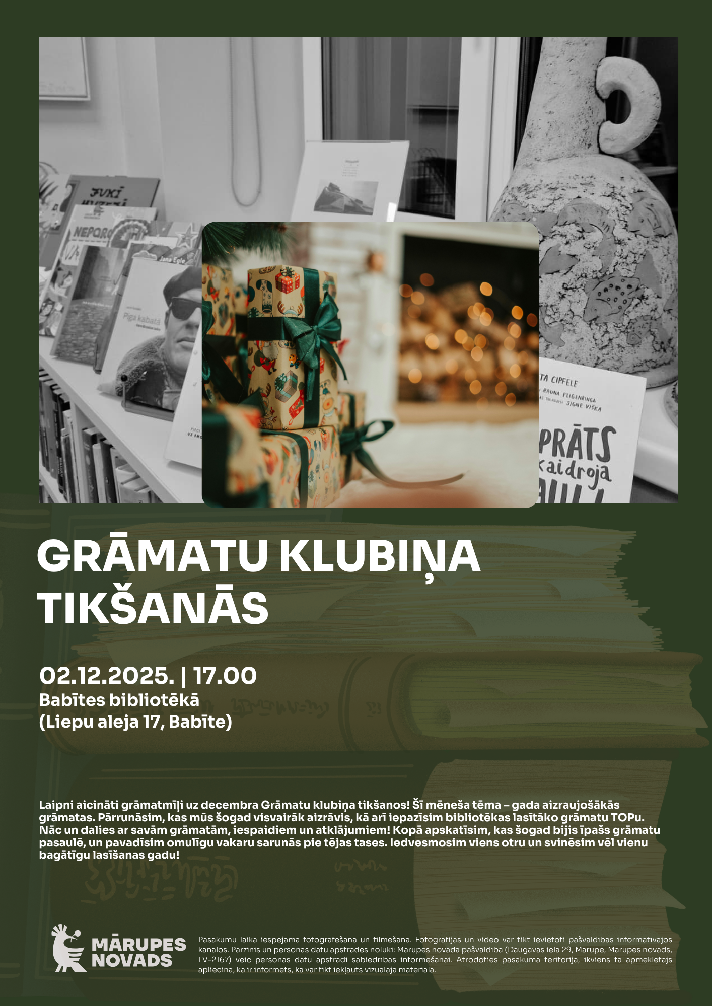 Tumši zaļš fons ar krāsainu bilžu un teksta grafiku