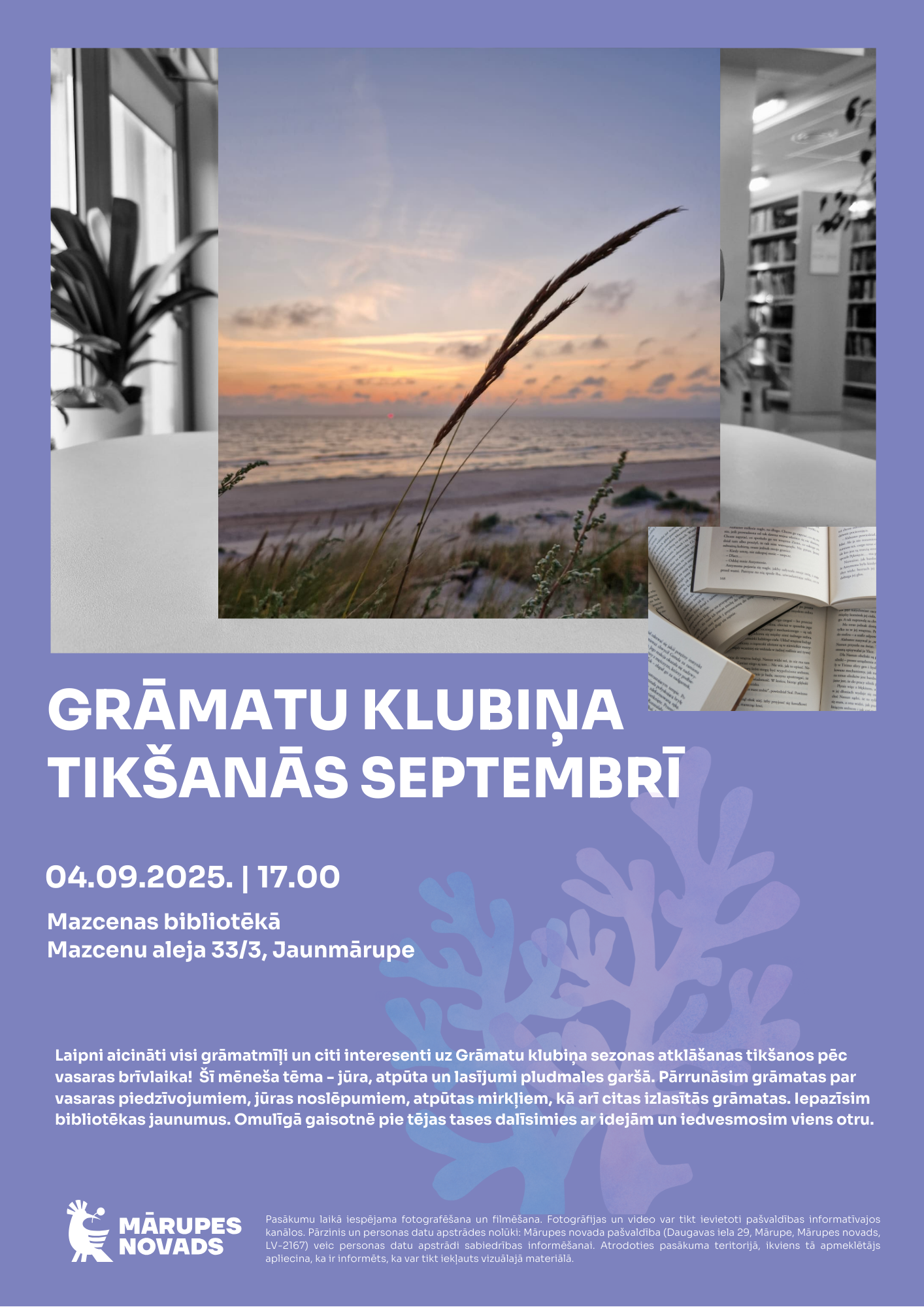 Violets fons ar krāsainu grāmatu attēliem un tekstu par grāmatu klubiņa tikšanos