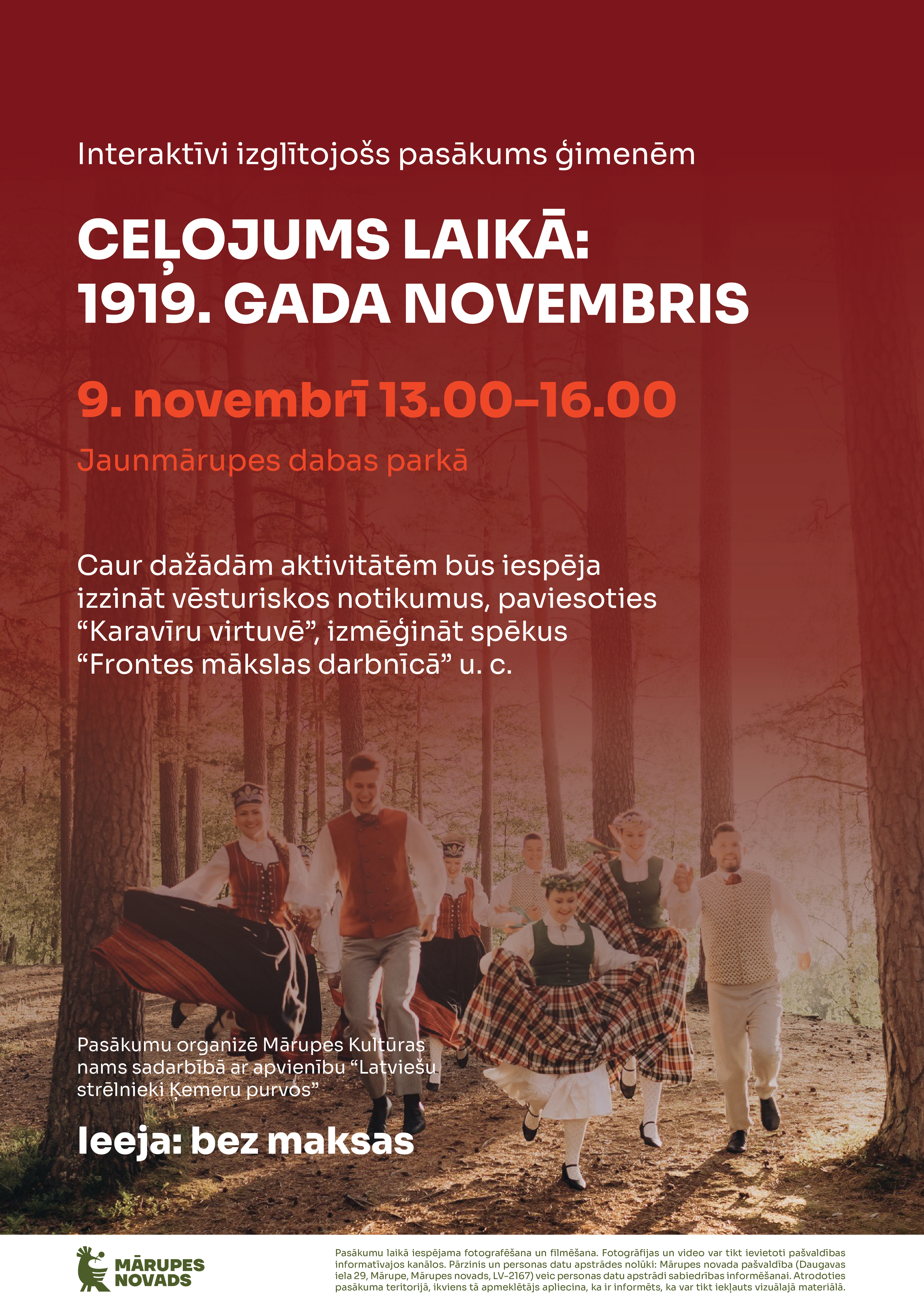 Deju kolektīva foto ar sarkanu laukumu un tekstu par pasākumu