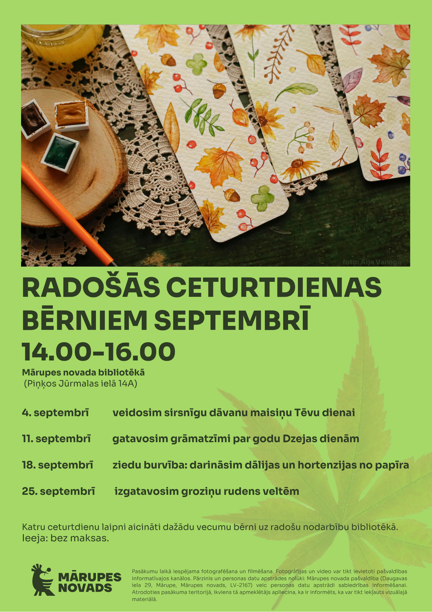 Koši zaļš fons ar krāsainiem elementiem un tekstu par pasākumiem bērniem