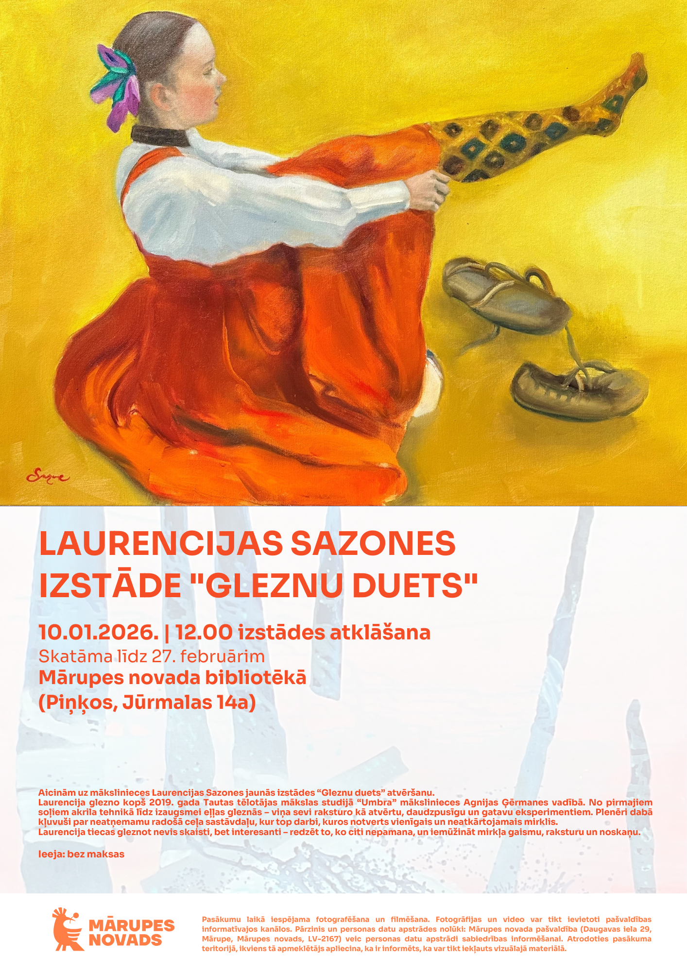 Gaišs fons ar krāsainu foto un teksta grafiku par izstādi