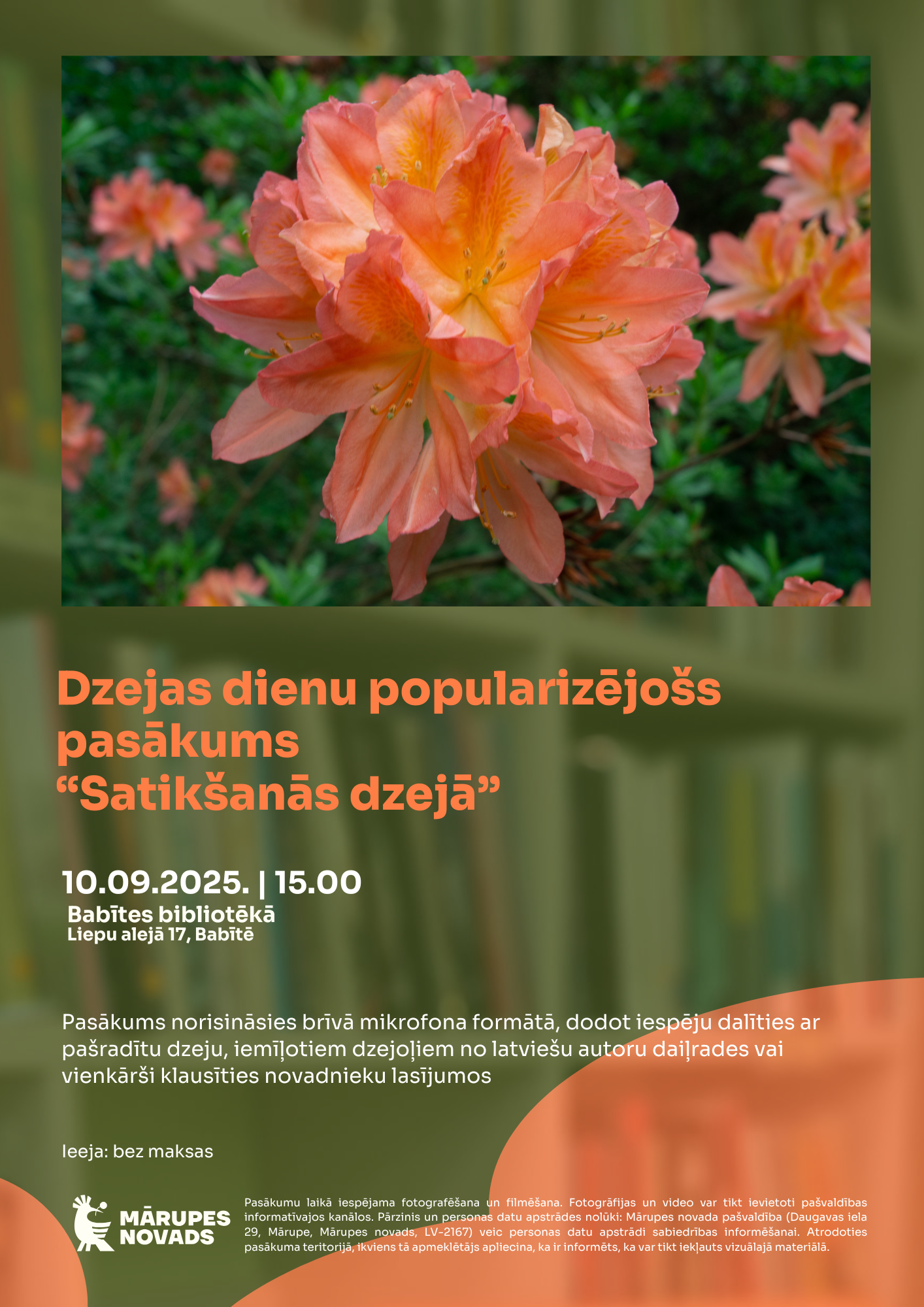 Koši rododendri fonā un virsū teksts par pasākumu bibliotēkā