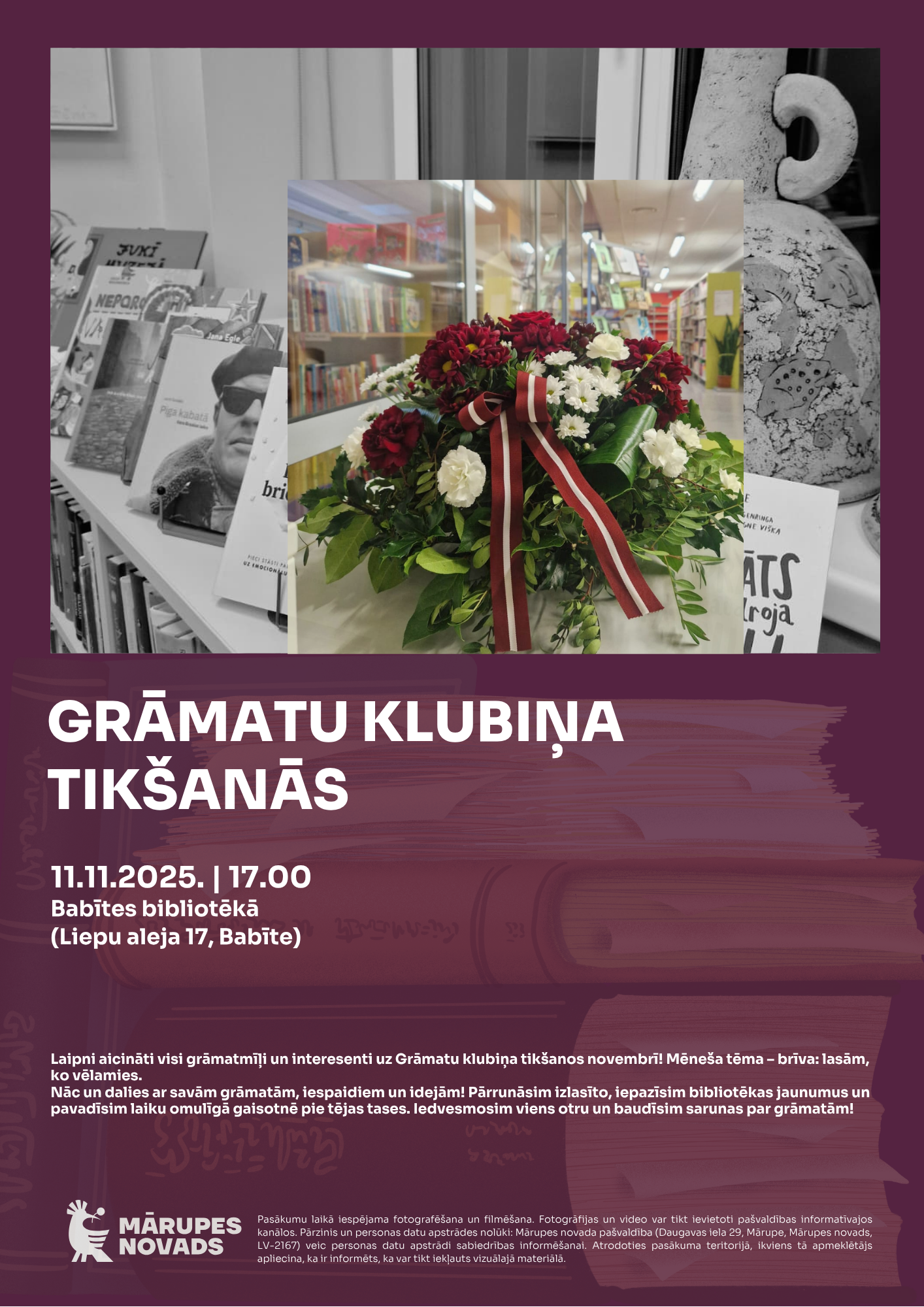 Violets fons ar foto un teksta grafiku par pasākumu bibliotēkā