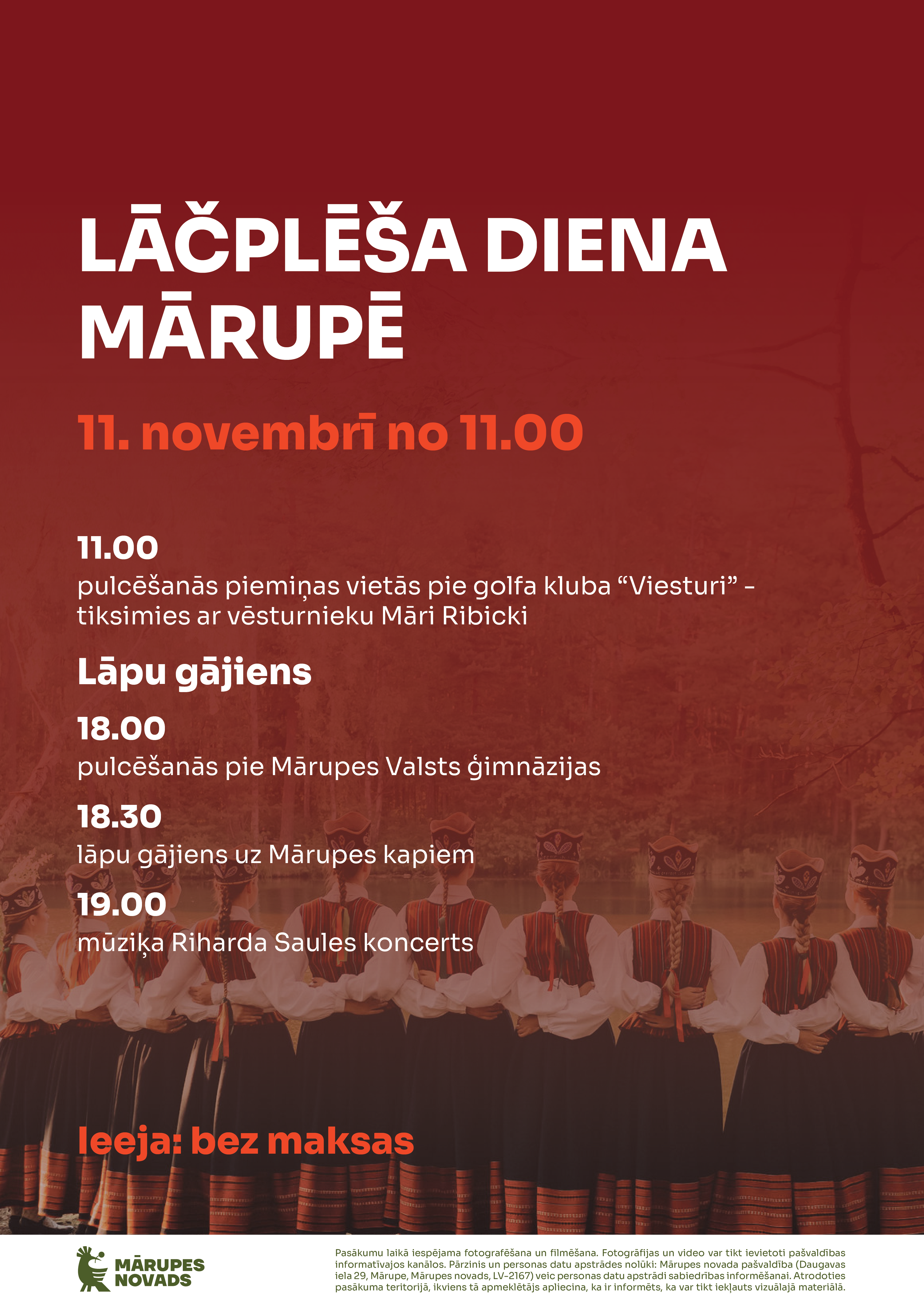 Deju kolektīva foto ar sarkanu laukumu un tekstu par pasākumu