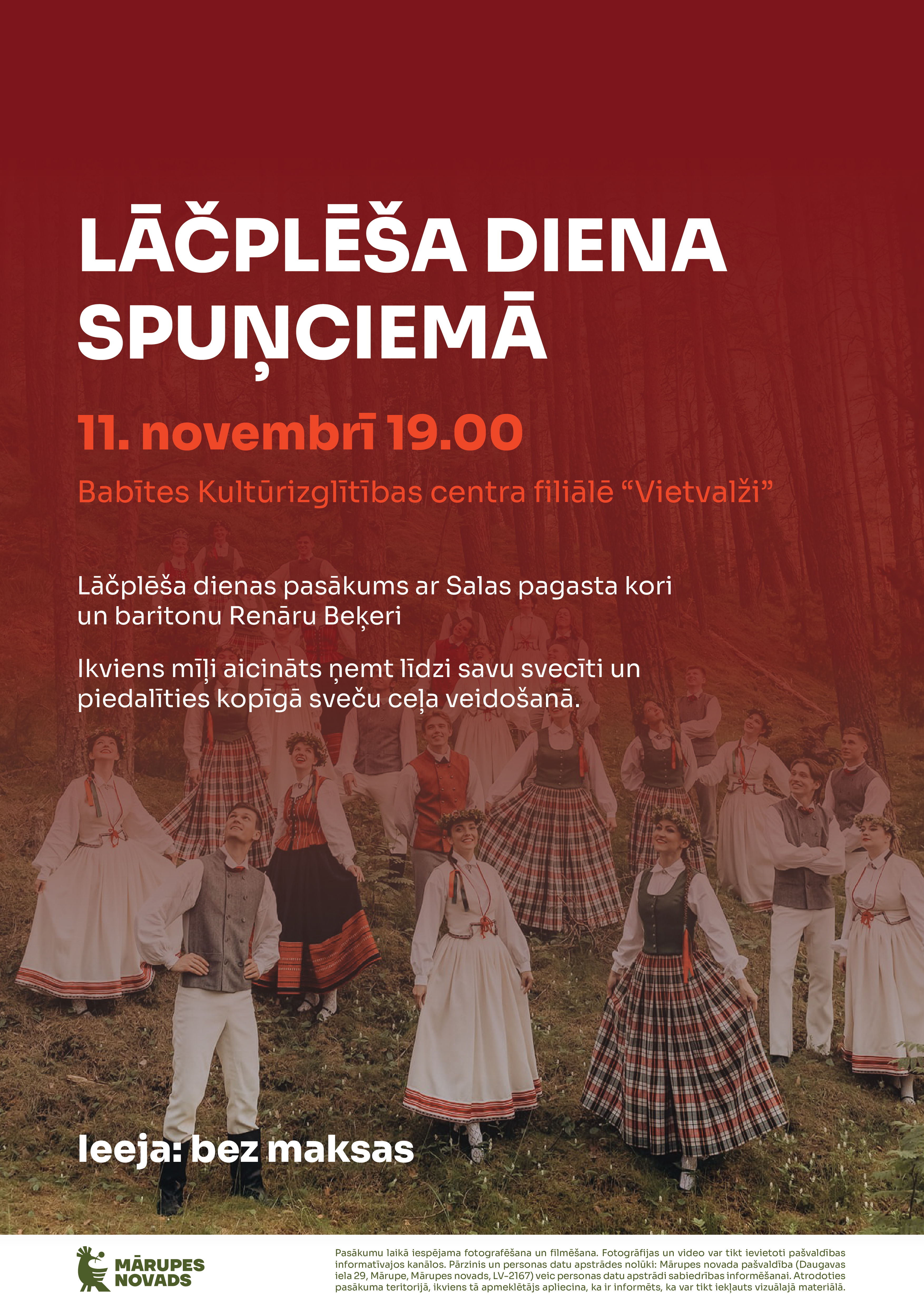 Deju kolektīva foto ar sarkanu laukumu un tekstu par pasākumu