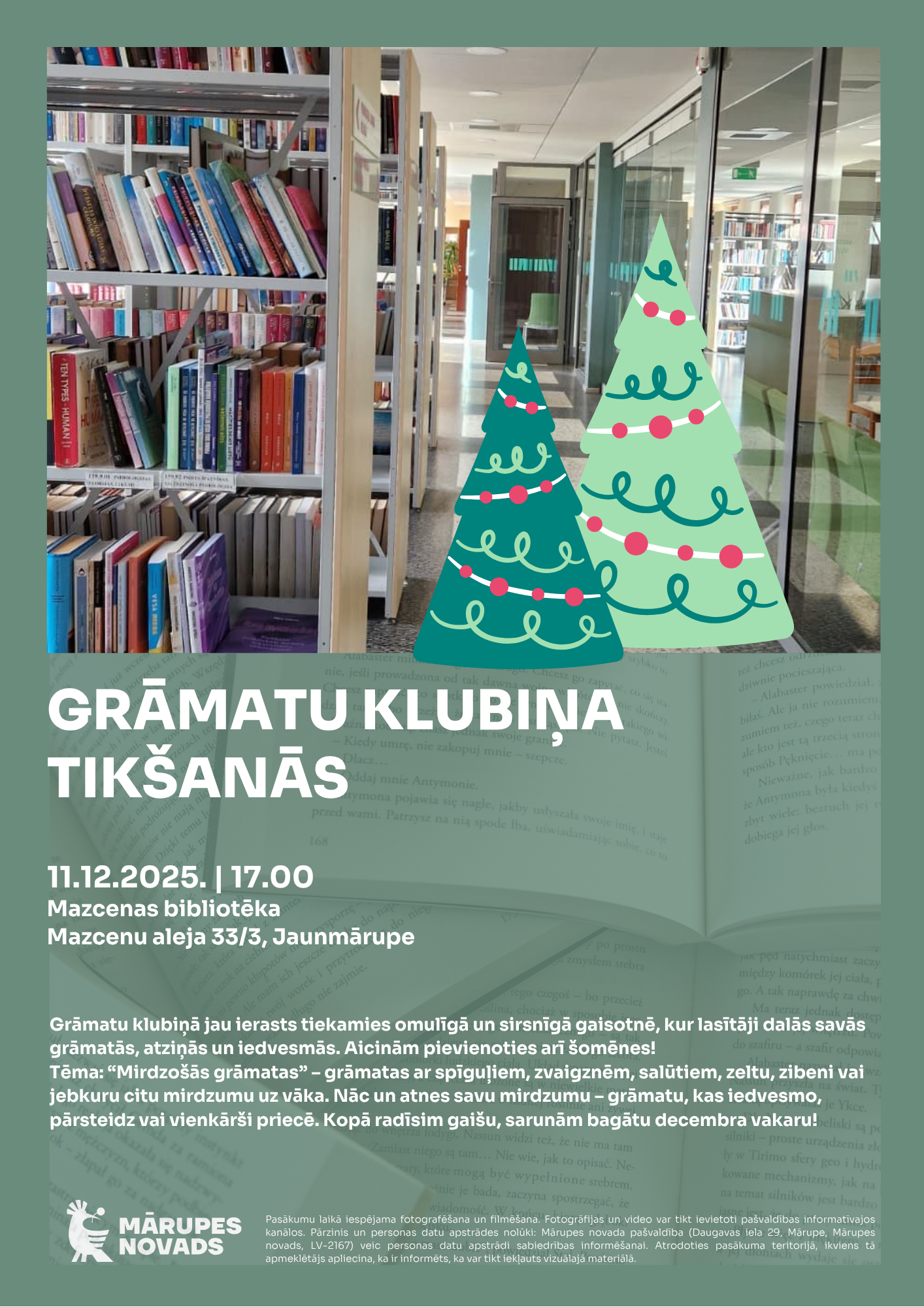 Gaišs fons ar krāsainu bilžu grafiku un tekstu par pasākumu bibliotēkā