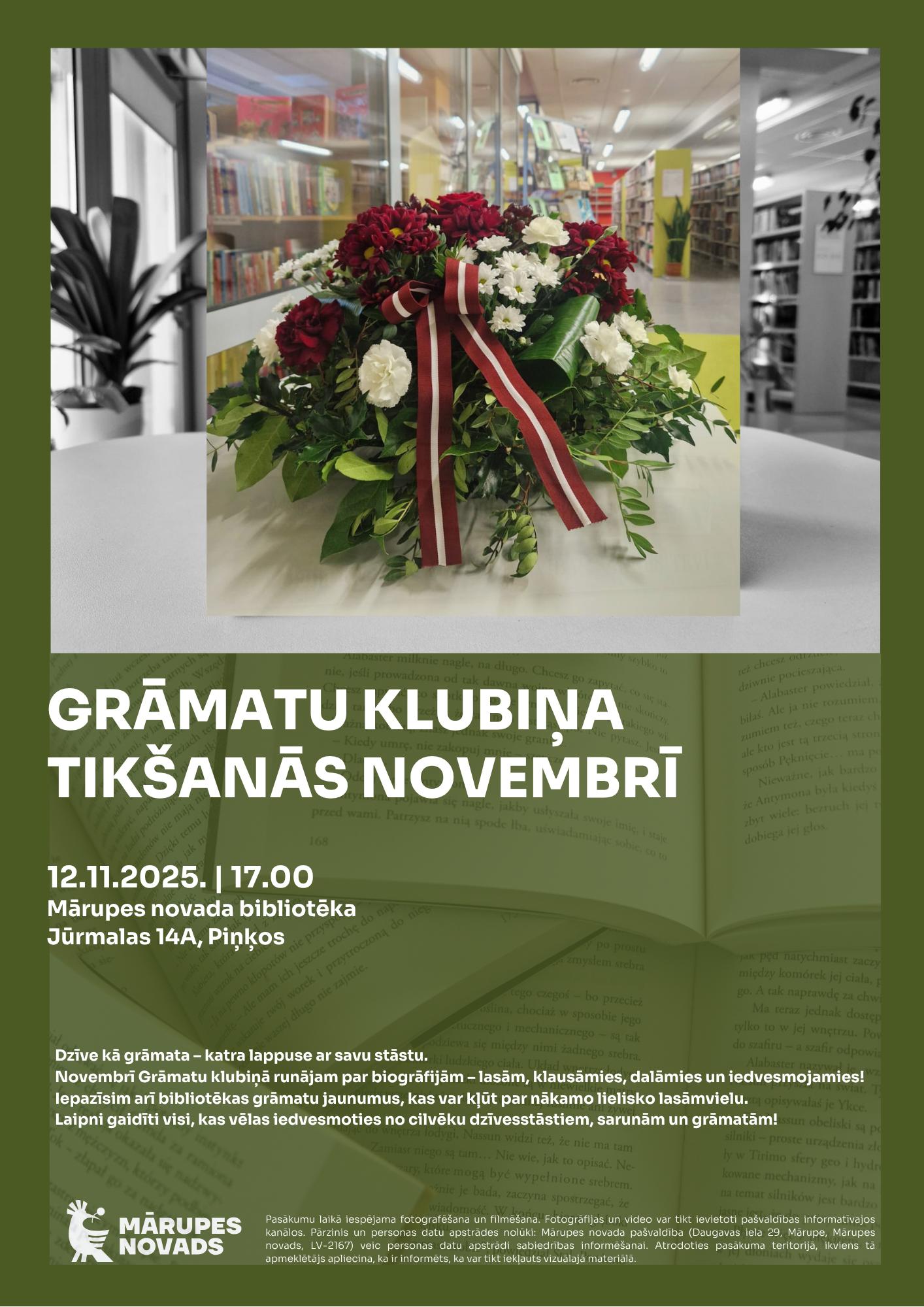 Zaļš fons ar foto un teksta grafiku par pasākumu bibliotēkā