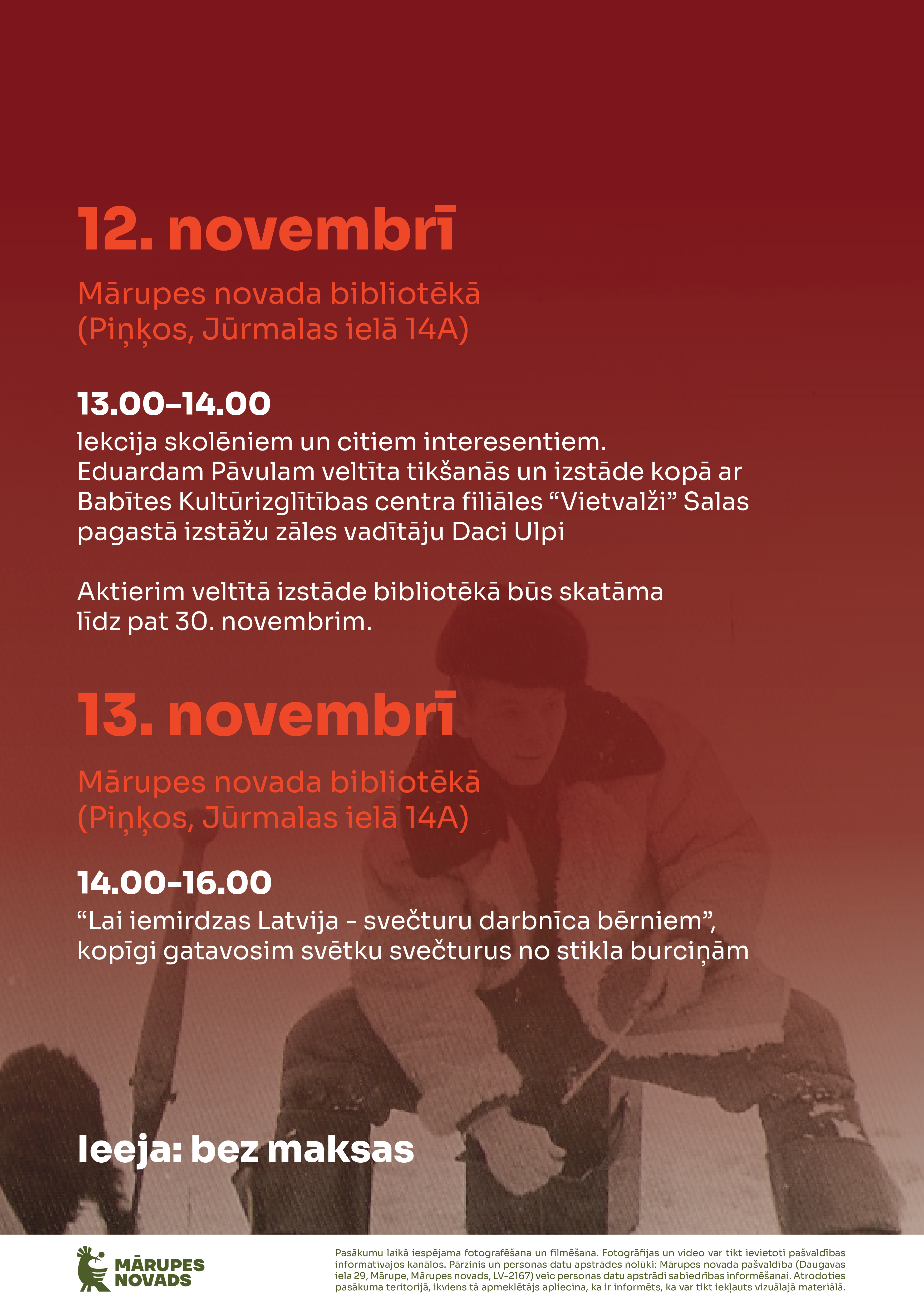 Aktiera vēsturiskā foto ar sarkanu laukumu un tekstu par pasākumiem