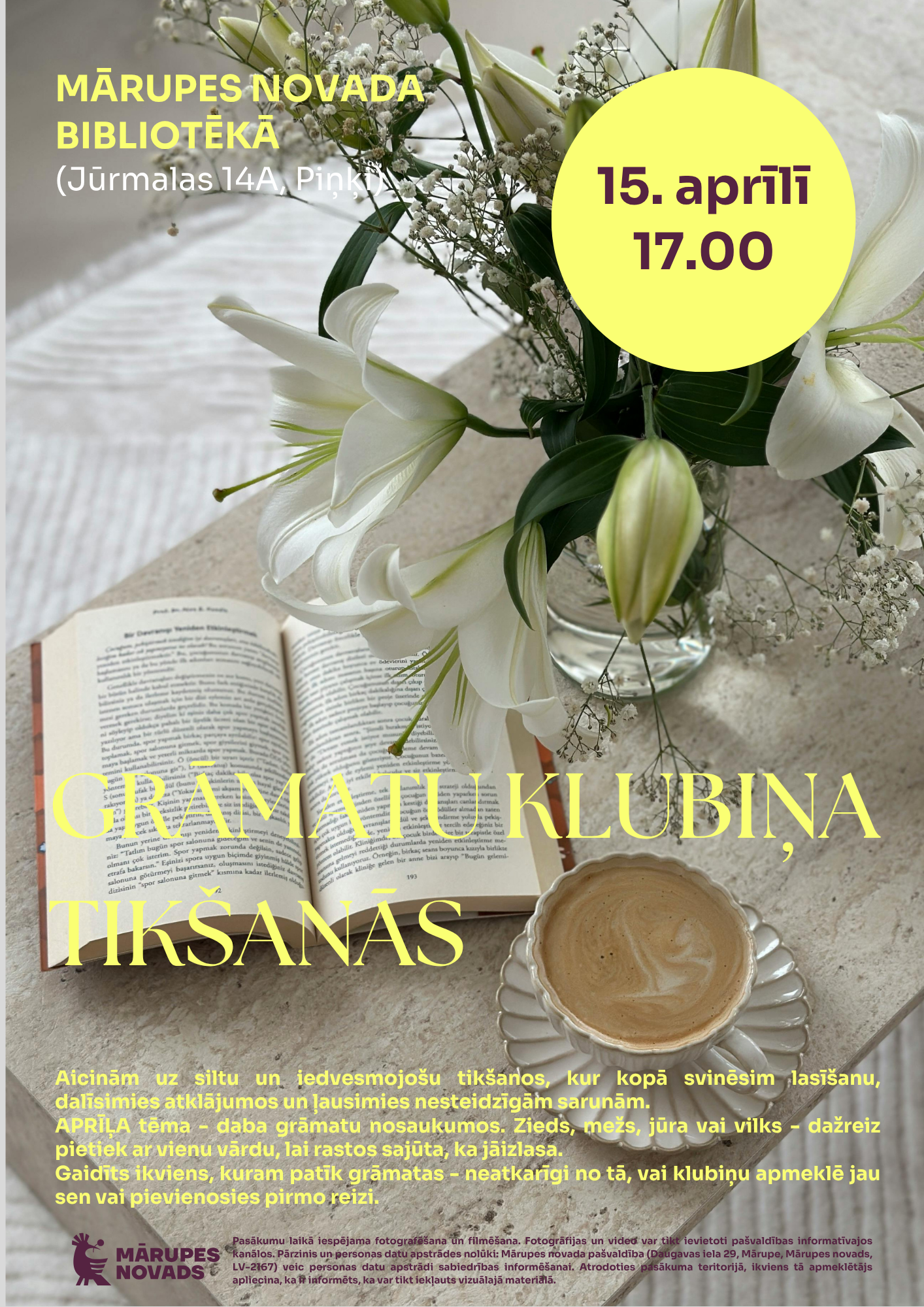 gaišas noskaņas plakāts ar grāmatu un info par tikšanos