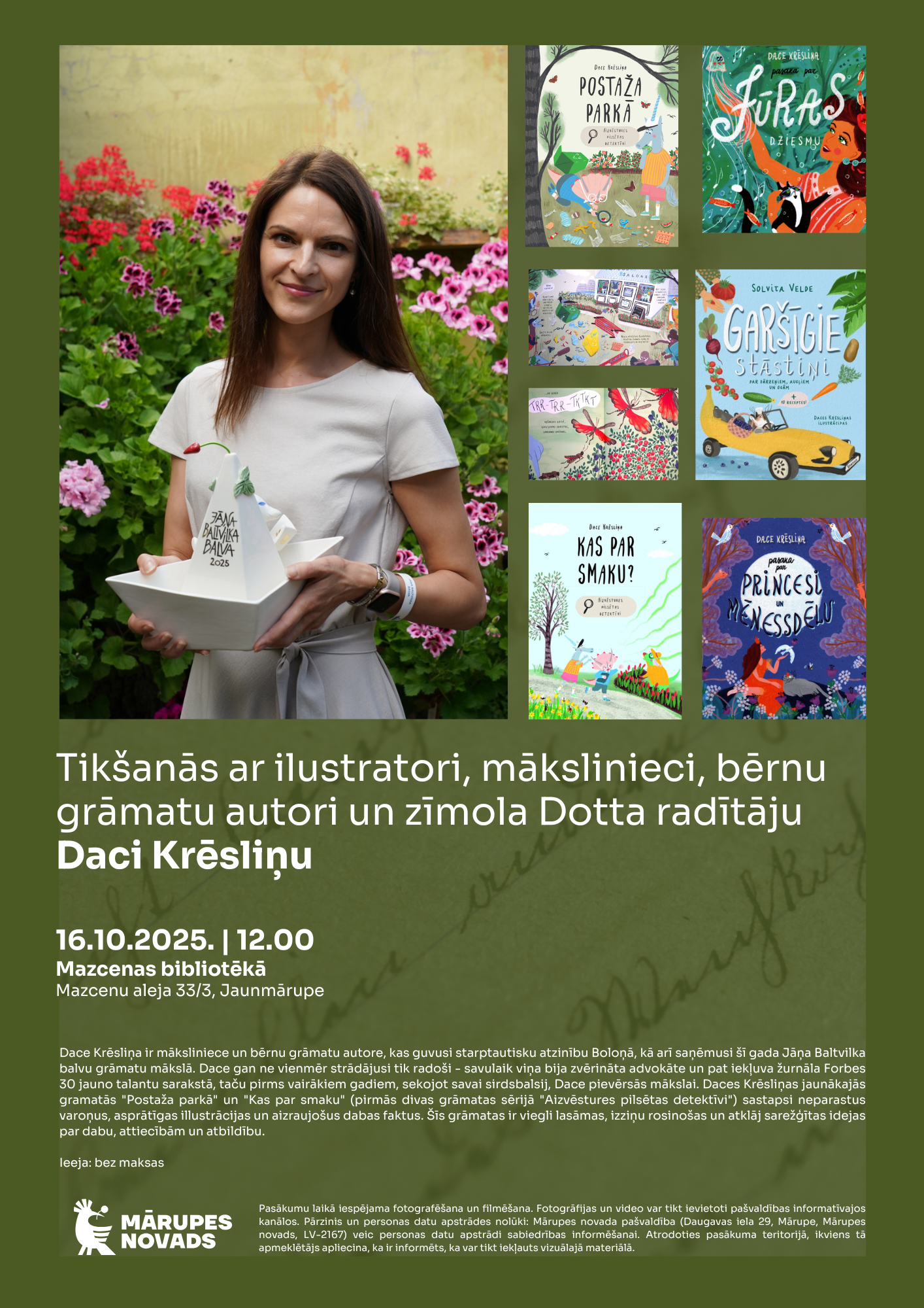 Tumši zaļš fons ar sievietes foto un krāsainu grafiku par pasākuma norisi