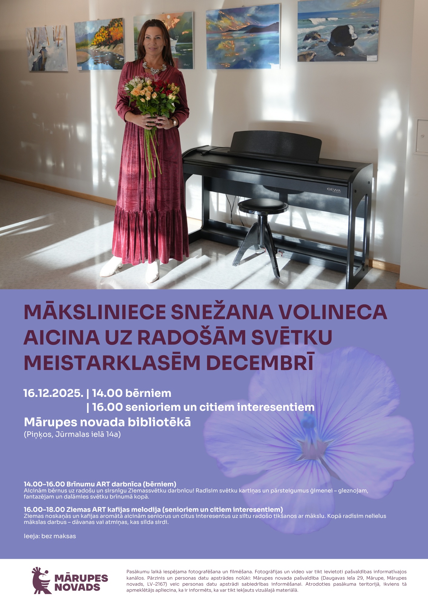 Violets fons ar foto un teksta grafiku par pasākumu