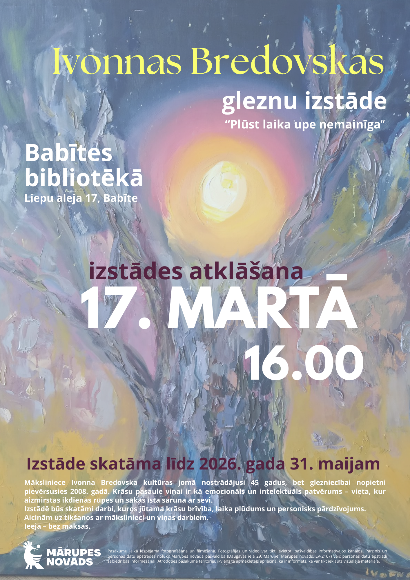 zilgana un dzeltena fona krāsa ar tekstuālu informāciju par izstādi