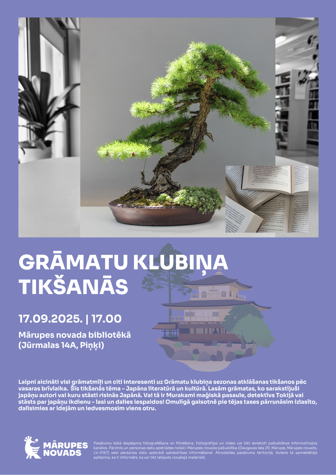 Violets fons ar krāsainu bildi un tekstu par pasākumu bibliotēkā