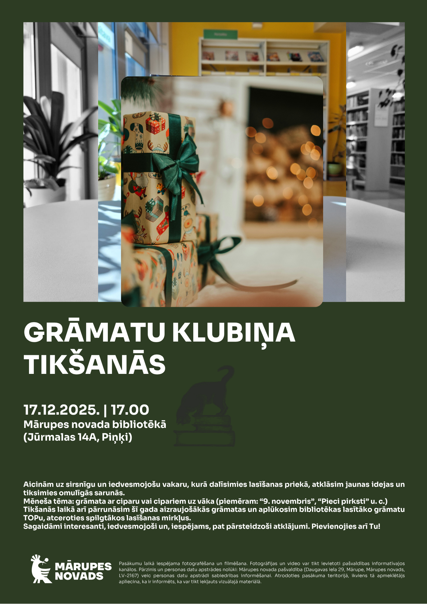 Tumši zaļš fons ar krāsainu foto un teksta grafiku