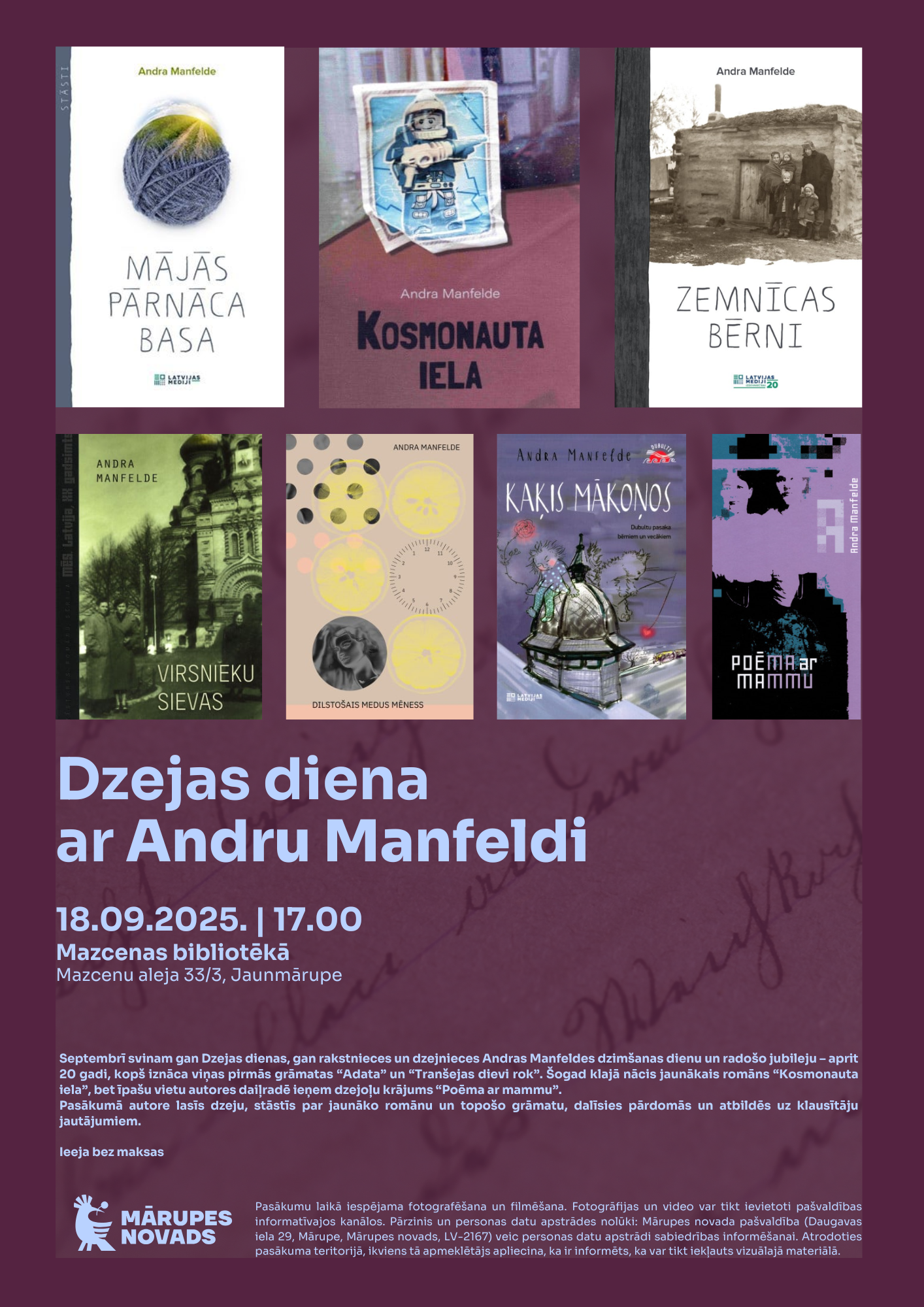 Tumši violets fons ar krāsainu grāmatu grafiku un tekstu par pasākumu bibliotēkā