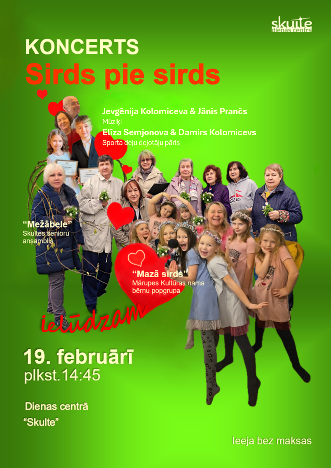 koši zaļš fons ar mākslinieku veidolu grafiku un tekstu par koncertu