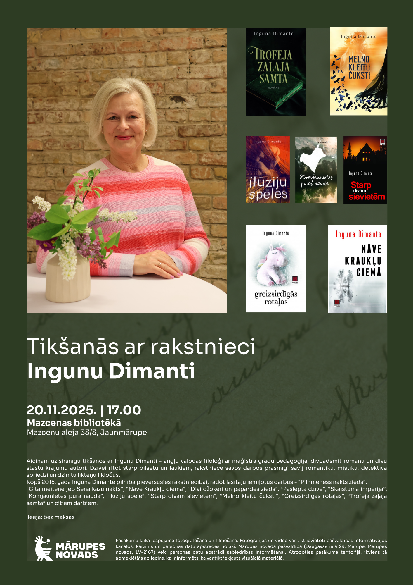 Tumši zaļš fons ar dažādām fotogrāfijām un tekstu par pasākumu bibliotēkā