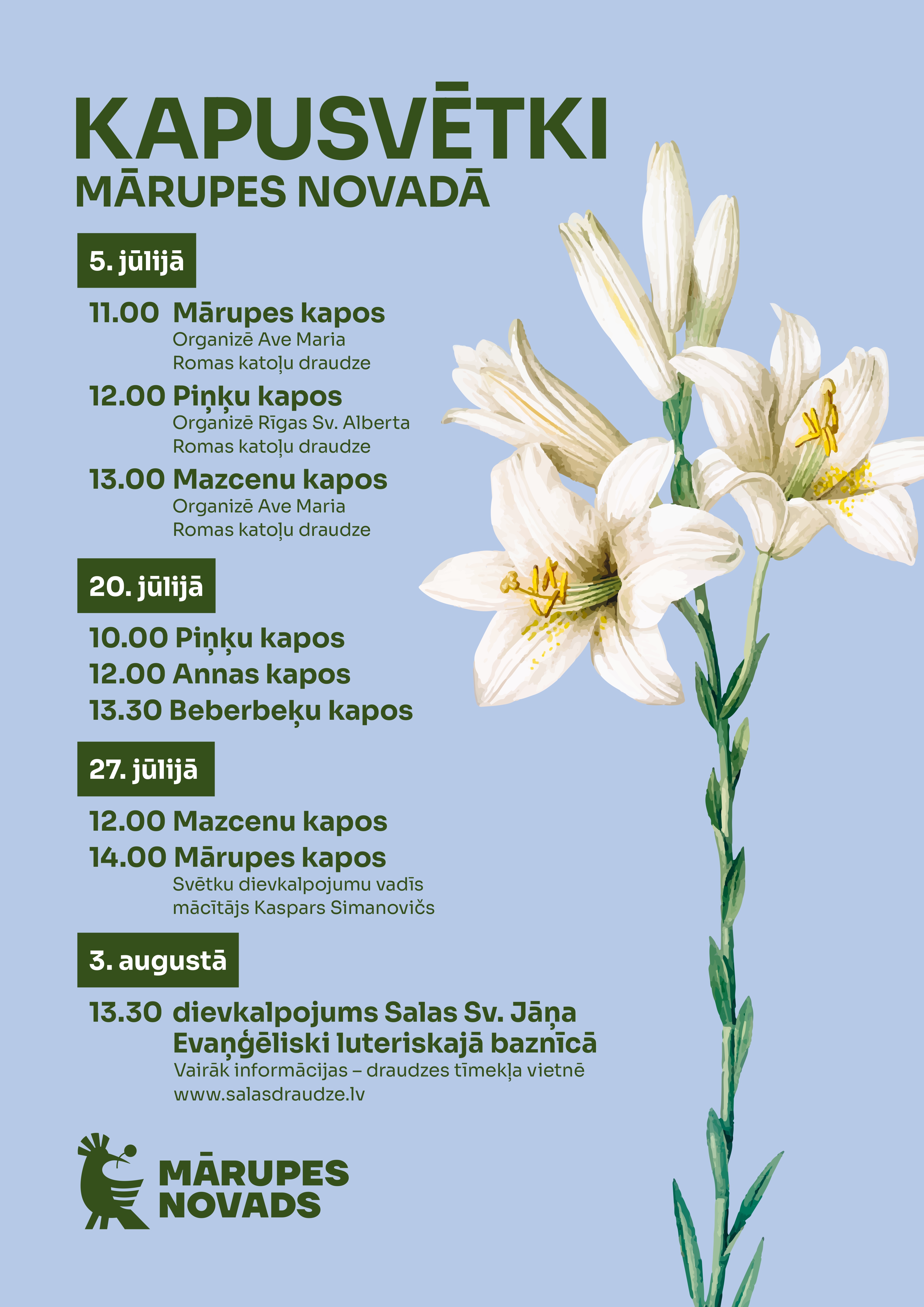 Gaiši zils fons, teksta grafika un balts zieds