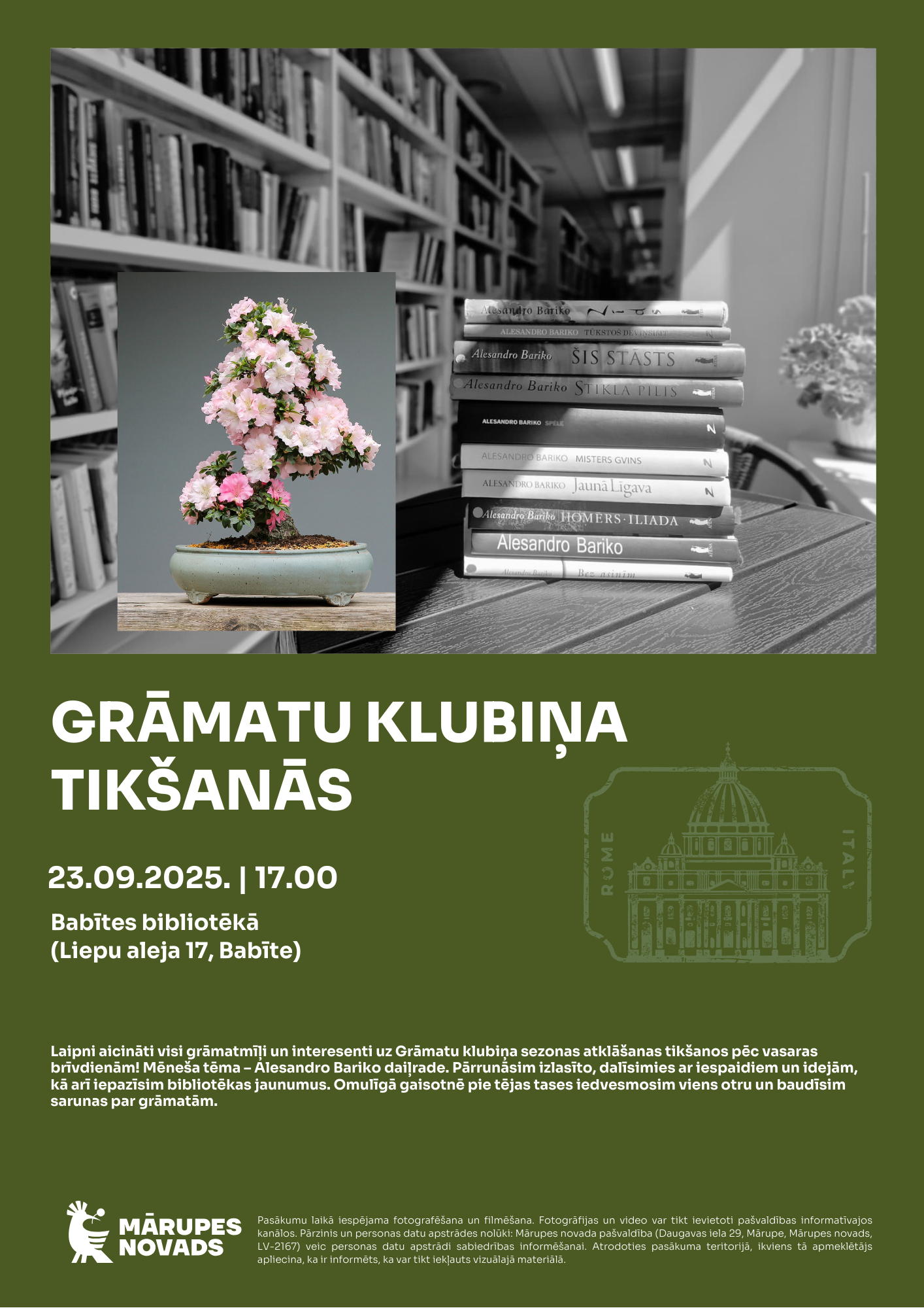 Zaļš fons ar krāsainiem foto un tekstu par grāmatu klubiņa tikšanos
