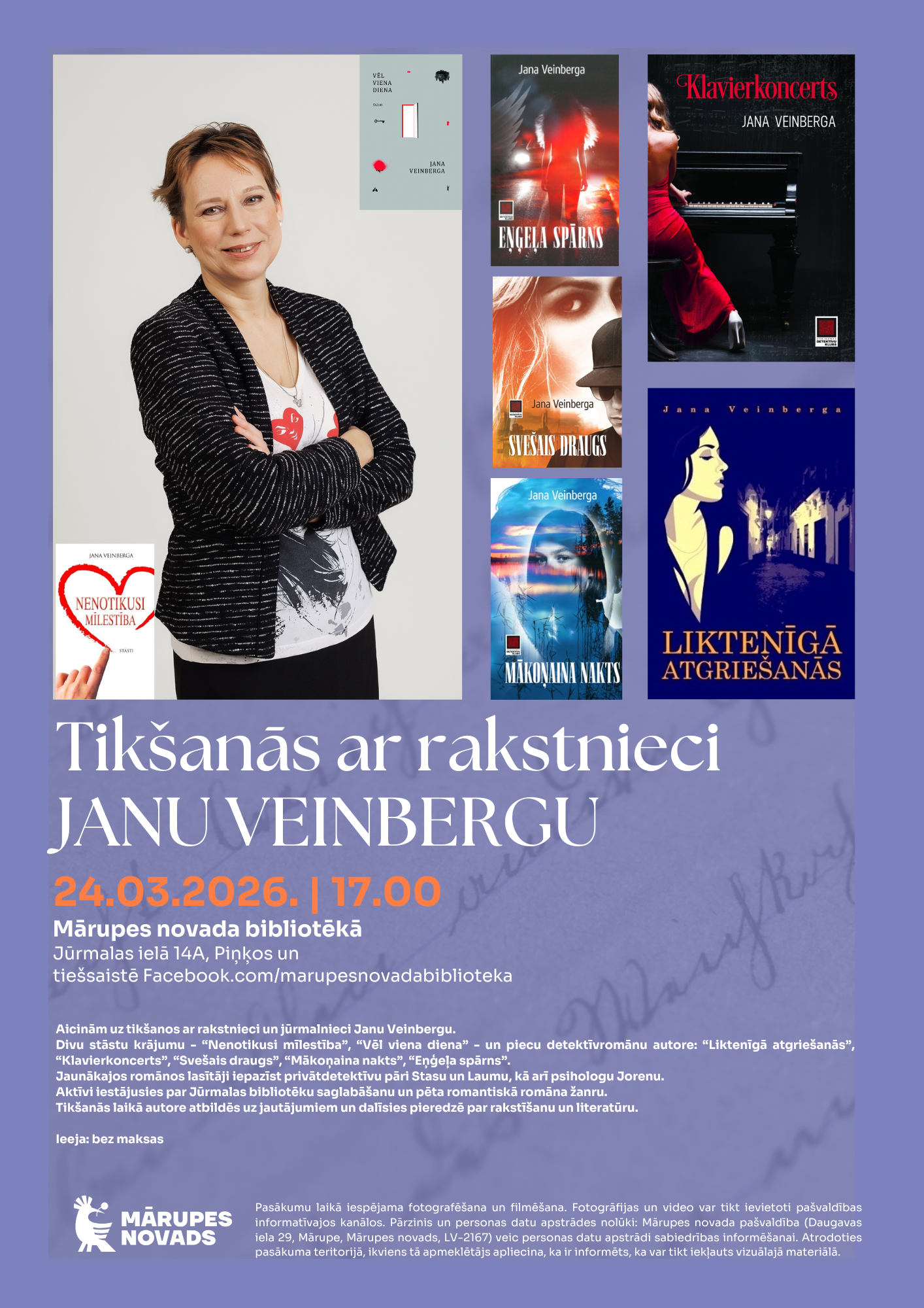 uz violeta fona, rakstnieces portrets un bildes ar viņas grāmatām